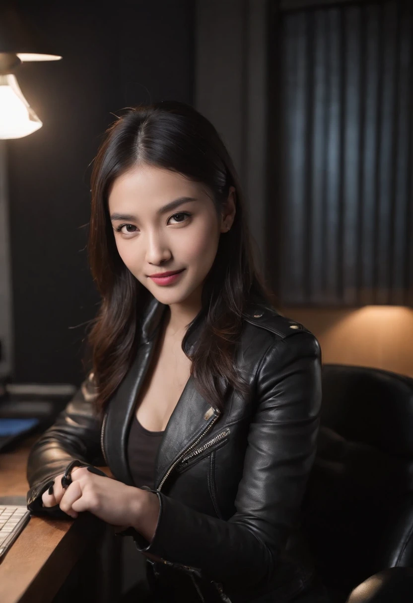 Wearing black leather gloves in both hands, upper body, black leather rider's jacket, facing the desk in the modern study in the dark, looking down, smiling, long, straight black hair, young Japanese woman (black leather gloves covering both hands) Sitting on a chair with the fingers of black leather gloves, working on the computer