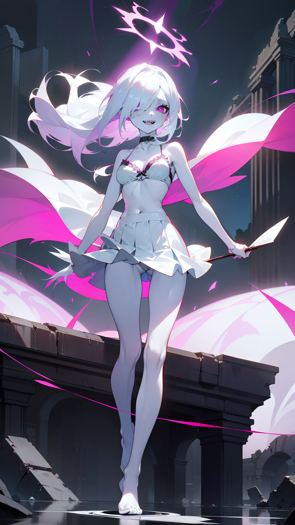 1girl,small,solo focus,,glowing magenta eyes,colored sclera,white hair, long hair,(((pale skin,extremy white skin,hair over one eye))),, sharp teeth, open mouth,(((medium tits,glossy thighs,)))sexy,((white bra,hidden arms,white skirt,no shoes)),(((villain,psycho,villain smile, psychopath,))),hd,masterpiece,4k,halo pink,(((floating in front a stones ruins in night))),