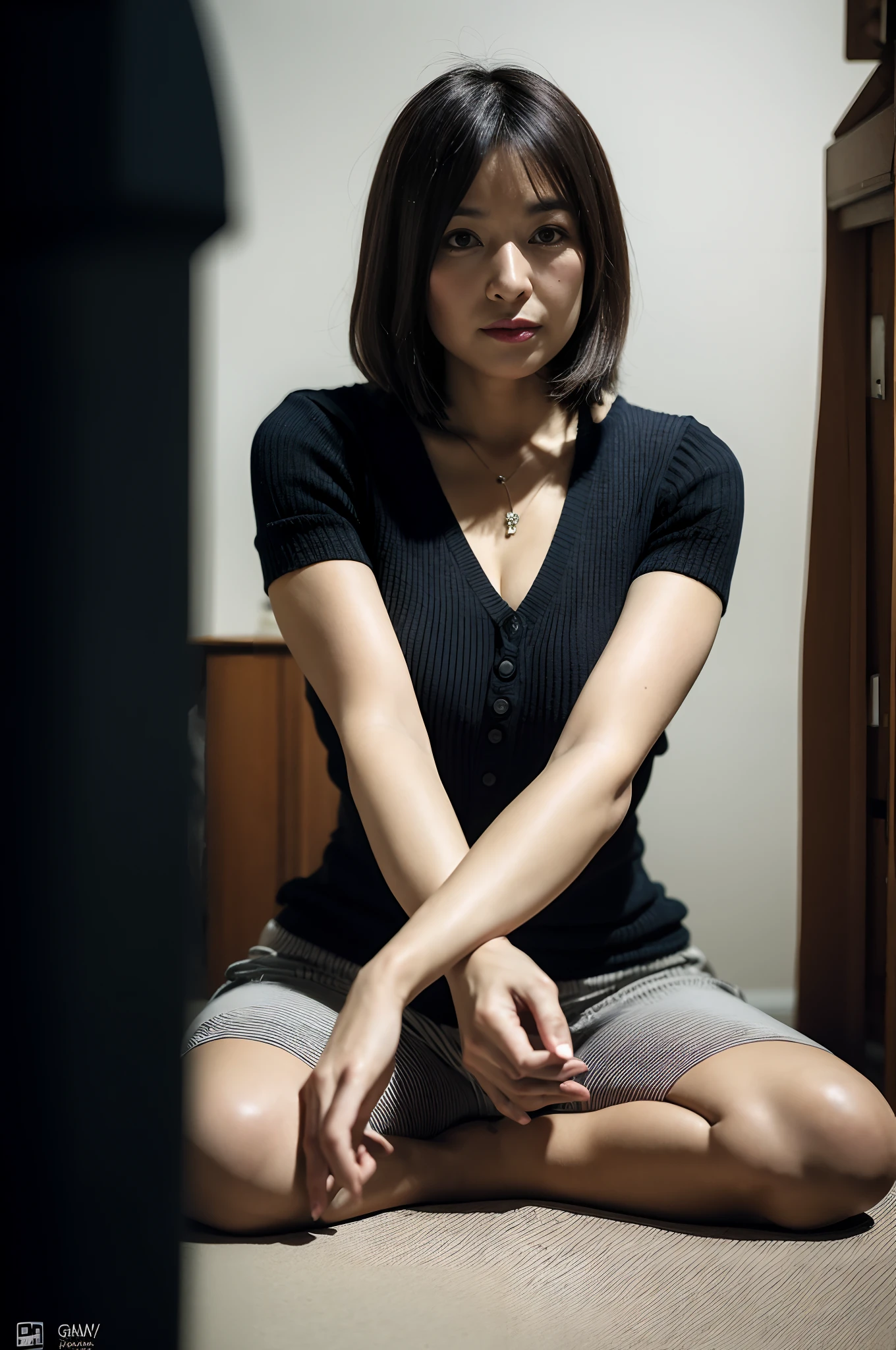 ((Best Quality, 8k, Masterpiece, Portrait: 1.3)), (looking at viewer),Photorealistic, Sharp Focus, Solo, Japan Milf, Beauty, Clothes with Cleavage View, 30 Years Old, Wavy Hair, Wrinkles at the Corners of the Eyes, ((Open your legs wide:1.5, Sit one knee up:1.5, show crotch)), (loose waist:0.5), darkness nobody room,