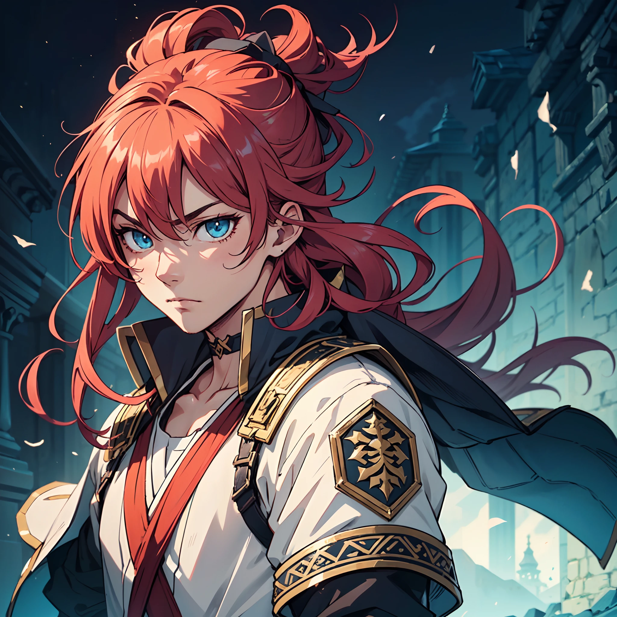 Ultra High Definition, Ultra High Quality, Extremely Detailed, Perfectly Detailed, Masterpiece, 8k, 1 Boy, Look A Like Xin From Kingdom Anime, Handsome, Equipped With Royal Knight Armor, Solid Light Blue Eyes, Long Red Hair, Body Shot, Ancient Kingdom Background