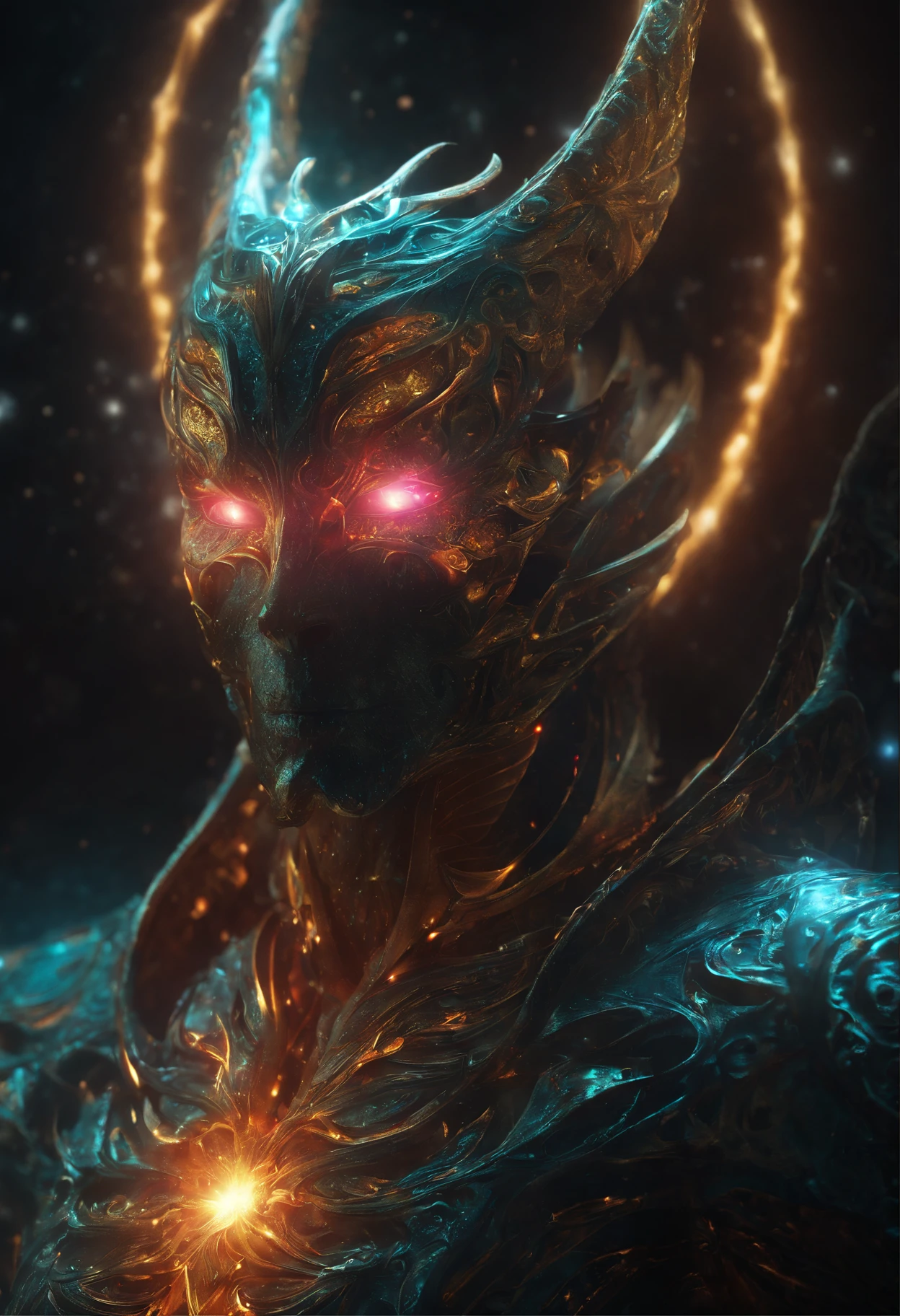 Cosmic Lucifer, glowing light eyes, Biomechanical, eerie, Creepy, nightmarish, Very bright colors, Light particles, with light glowing, Mshiff, wallpaper art, UHD wallpaper