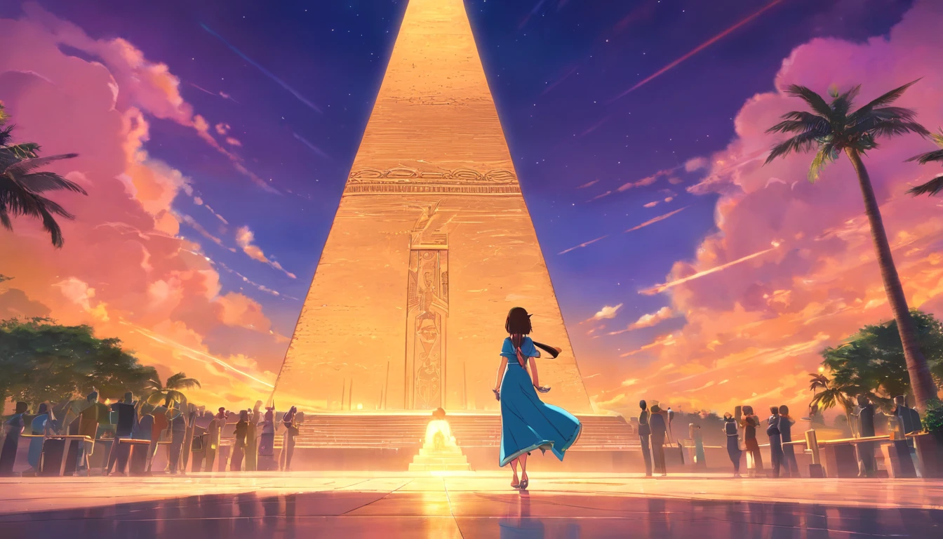 sinister, The stunning Queen Cleopatra is located on the far left、Wearing a full-length dress size, Staring behind the pyramid, Amber and pink light in the sky, A breathtaking masterpiece of true HD photography, Exquisite detail and unparalleled clarity, Shot with 8K resolution and outstanding Leica lenses, In a magnificent and awe-inspiring scene.