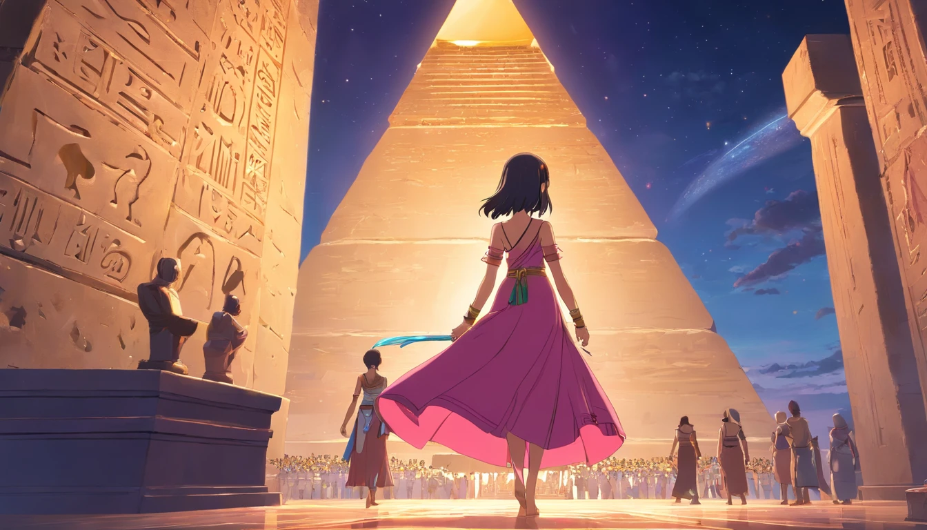 sinister, The stunning Queen Cleopatra is located on the far left、Wearing a full-length dress size, Staring behind the pyramid, Amber and pink light in the sky, A breathtaking masterpiece of true HD photography, Exquisite detail and unparalleled clarity, Shot with 8K resolution and outstanding Leica lenses, In a magnificent and awe-inspiring scene.