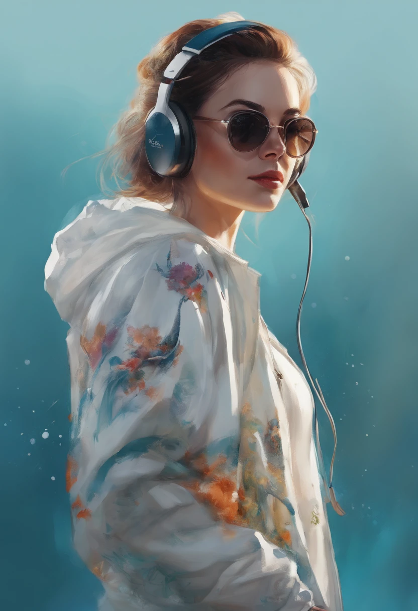 Perfect centering, Cute dolphin, Wear a student team jacket, wear sunglasses, Use headphones, Joy, Standing position, Abstract beauty, Centered, Camera look, Facing the camera, Approaching perfection, Dynamic, Highly detailed, Smooth, Sharp focus, 8k, HD resolution, illustration, art by Carne Griffiths and Wadim Kashin, white background.