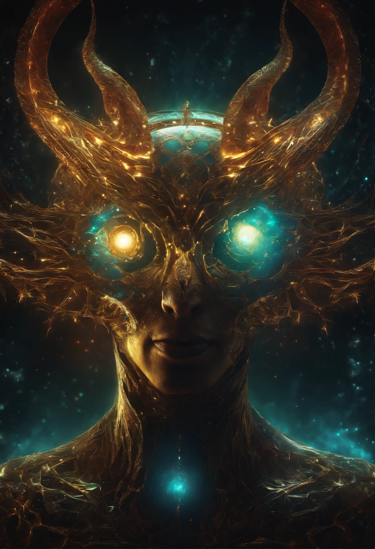 Cosmic Lucifer, glowing light eyes, Biomechanical, eerie, Creepy, nightmarish, Very bright colors, Light particles, with light glowing, Mshiff, wallpaper art, UHD wallpaper