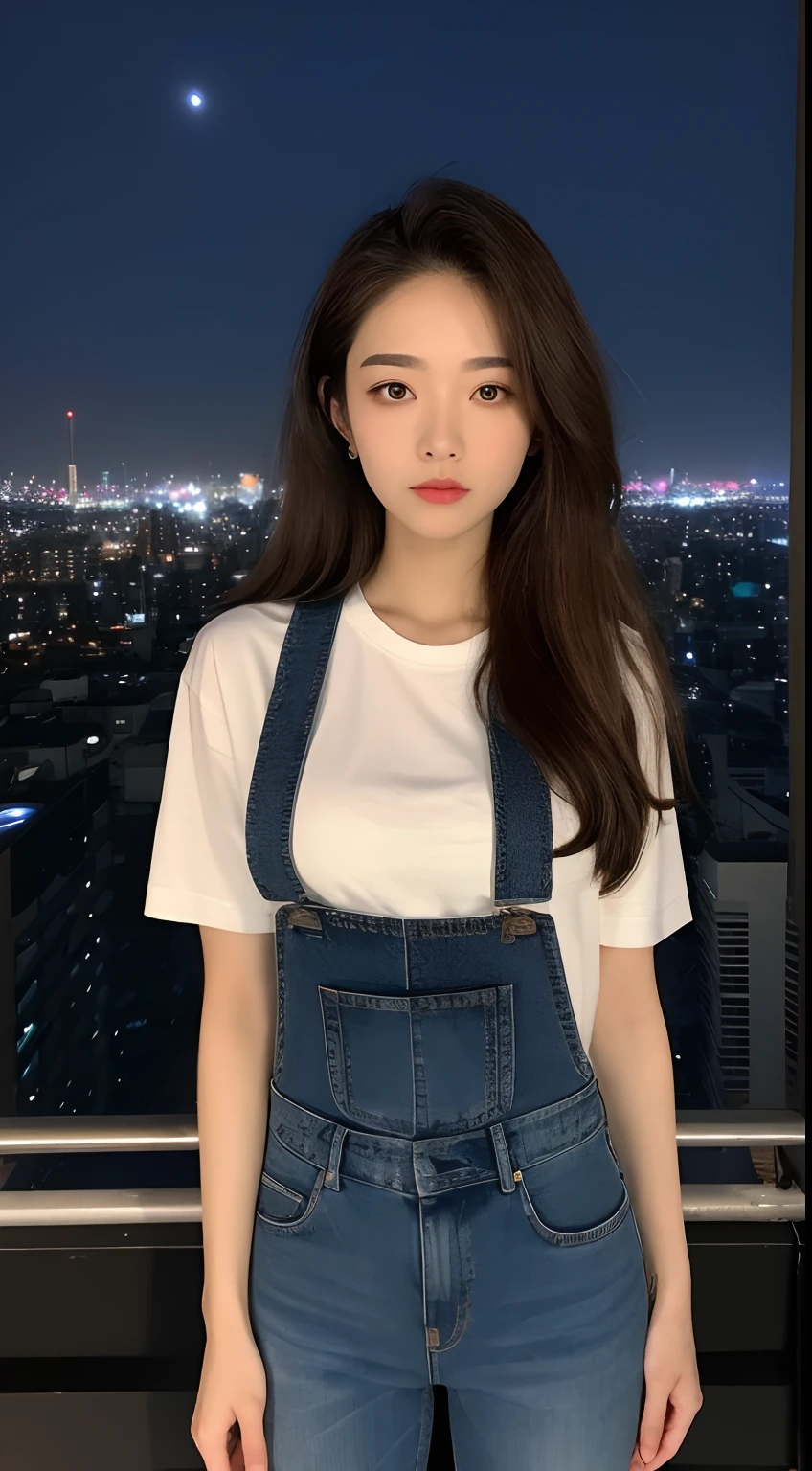 ((Midnight, Best quality, 8k, Masterpiece :1.3)), Whole body, Long legs, Sharp focus :1.2, A pretty woman with perfect figure :1.4, Slender abs :1.1, ((Dark brown hair, Big breasts :1.2)), (White tight tshirt, Jean bib, Standing:1.2), ((Night city view, Rooftop:1.3)), Highly detailed face and skin texture, Detailed eyes, Double eyelid