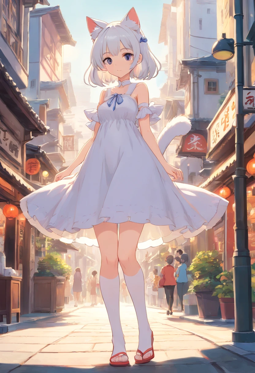 Stand barefoot，Masterpiece，long whitr hair，Extremely tall girls，A giantess，In the city，Full limbs，The face is delicate，White double ponytail，White eyes，White Lolita，Long-range shots，white stockings，There are cat ears on the head, white dresses， cute big breasts，Chopstick legs，Slender calves，Slender calves，High volume