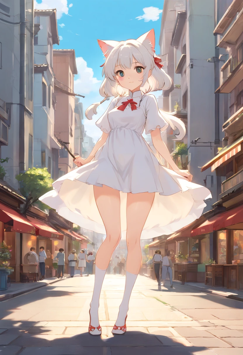 Stand barefoot，Masterpiece，long whitr hair，Extremely tall girls，A giantess，In the city，Full limbs，The face is delicate，White double ponytail，White eyes，White Lolita，Long-range shots，white stockings，There are cat ears on the head, white dresses， cute big breasts，Chopstick legs，Slender calves，Slender calves，High volume