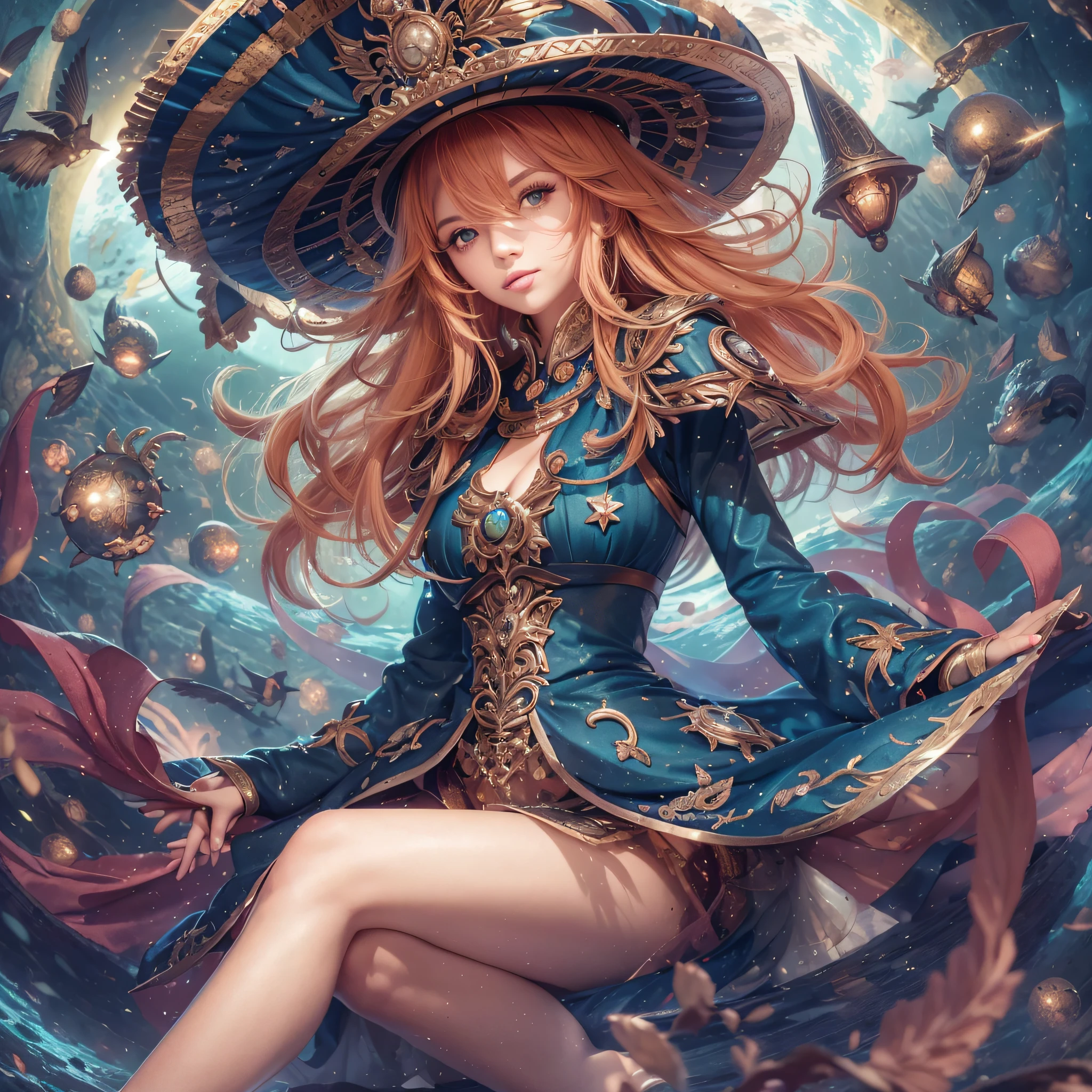 (​masterpiece), best qualtiy, FULL BODYSHOT, expressive eyes, face perfect, 1womanl, large full breasts, good breasts, Beautiful, splendid ,Round chest, Midplane,kosmos, Pink space background, Golden magic in the background, escort, femele, Luboroso, dark sorceress, A pink-haired, Bright eye, HMDMG1, Sorcerer's hat, red blush, blush stickers, escort, Blue garment, bare shoulders​, doress, Away from the shoulders, masturbation from below, grabbing her own breasts, girl with, Sitting position, Floating in mid-air, open one's legs, Lift your legs -Luxury-