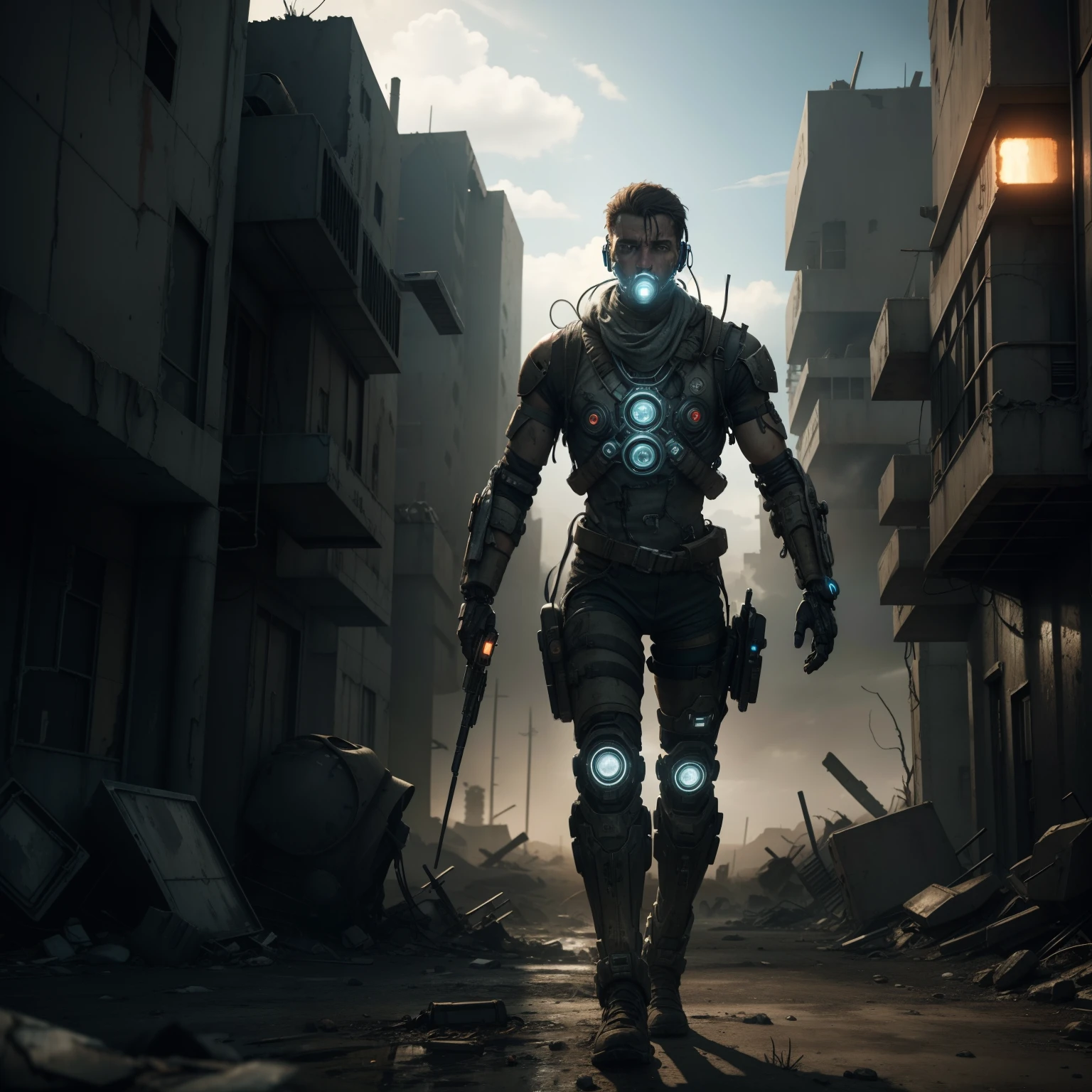 Imagine a post-apocalyptic survivor with a cybernetic companion, traversing a desolate landscape filled with remnants of advanced technology."