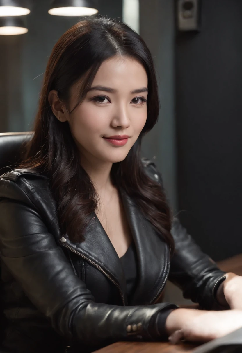 Wearing black leather gloves in both hands, upper body, black leather rider's jacket, facing the desk in the modern study in the dark, looking down, smiling, long, straight black hair, young Japanese woman (black leather gloves covering both hands) Sitting on a chair with the fingers of black leather gloves, working on the computer