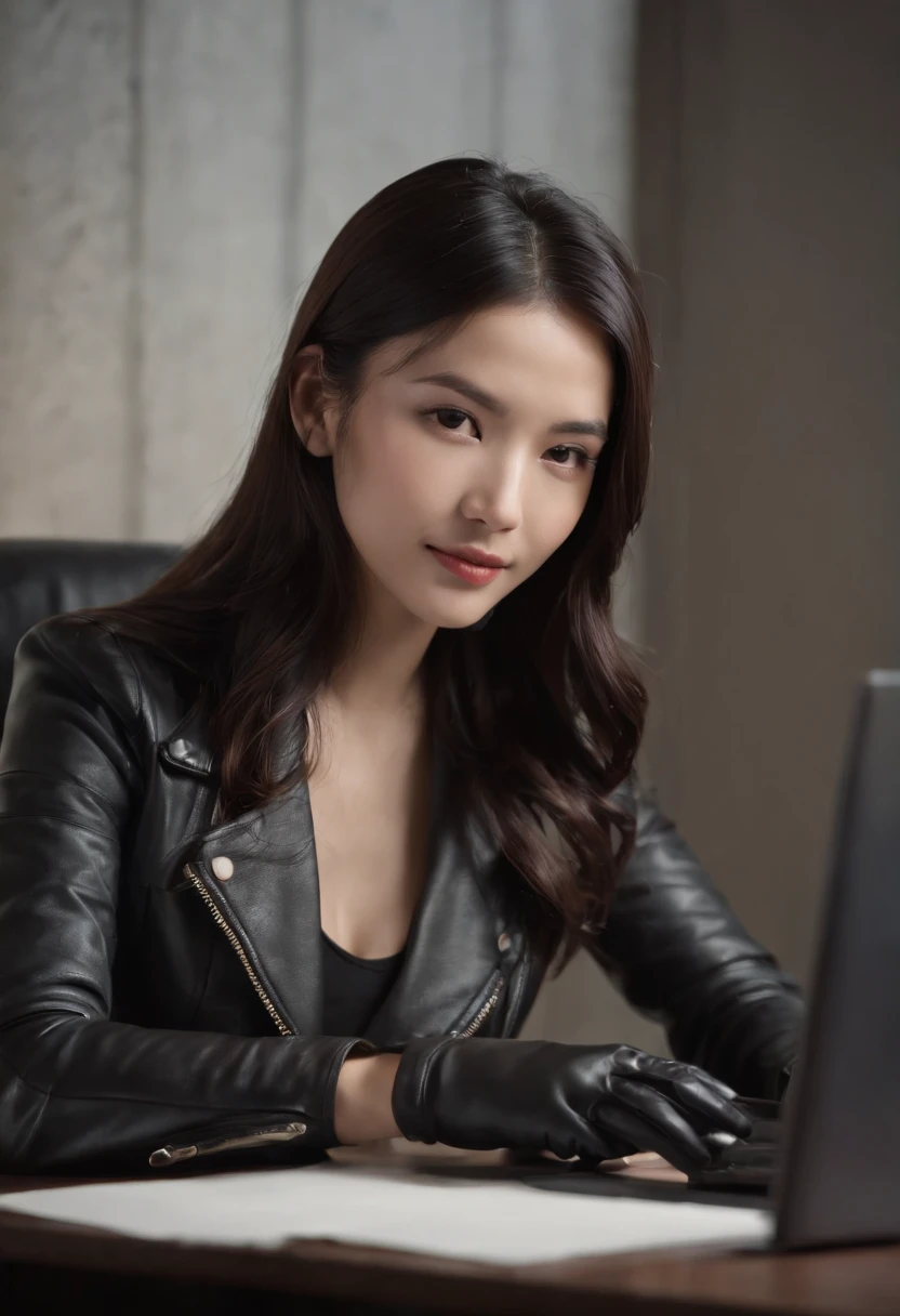 Wearing black leather gloves in both hands, upper body, black leather rider's jacket, facing the desk in the modern study in the dark, looking down, smiling, long, straight black hair, young Japanese woman (black leather gloves covering both hands) Sitting on a chair with the fingers of black leather gloves, working on the computer