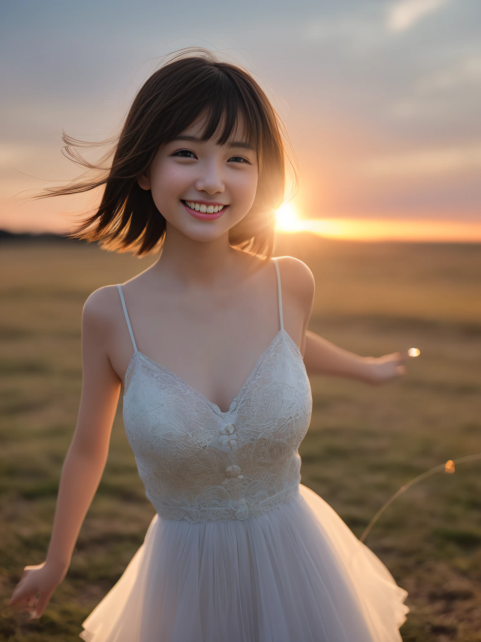 Only one girl、((perfect bodies)))、(masterpiece)、((top-quality))、(ultra-detailliert)、((extremely delicate and beautiful))、nffsw,(((incredibly absurdness)))、((perfect bodies)))、(((A dark-haired)))、(((short-cut)))、(Okabo hair)、(((Looking at the camera)))、(((small tits)))、(((The best smile that makes you happy)))、Camisole dress、mare+Background with、dynamic ungle、female focus on、{Particles of light}、细致Background with、((paul hedley)))、Soft lighting、Evening glow、Very beautiful sunset、Live action、realisitic、Angle from above、cute smile face、(the background is blurred)、12year old、being thin、((the wind))、(((movement)))、(((emotional)))、((colourfull))、((a baby face))、((Beautiful teeth)) 、lensflare、(((Very shallow depth of field)))、