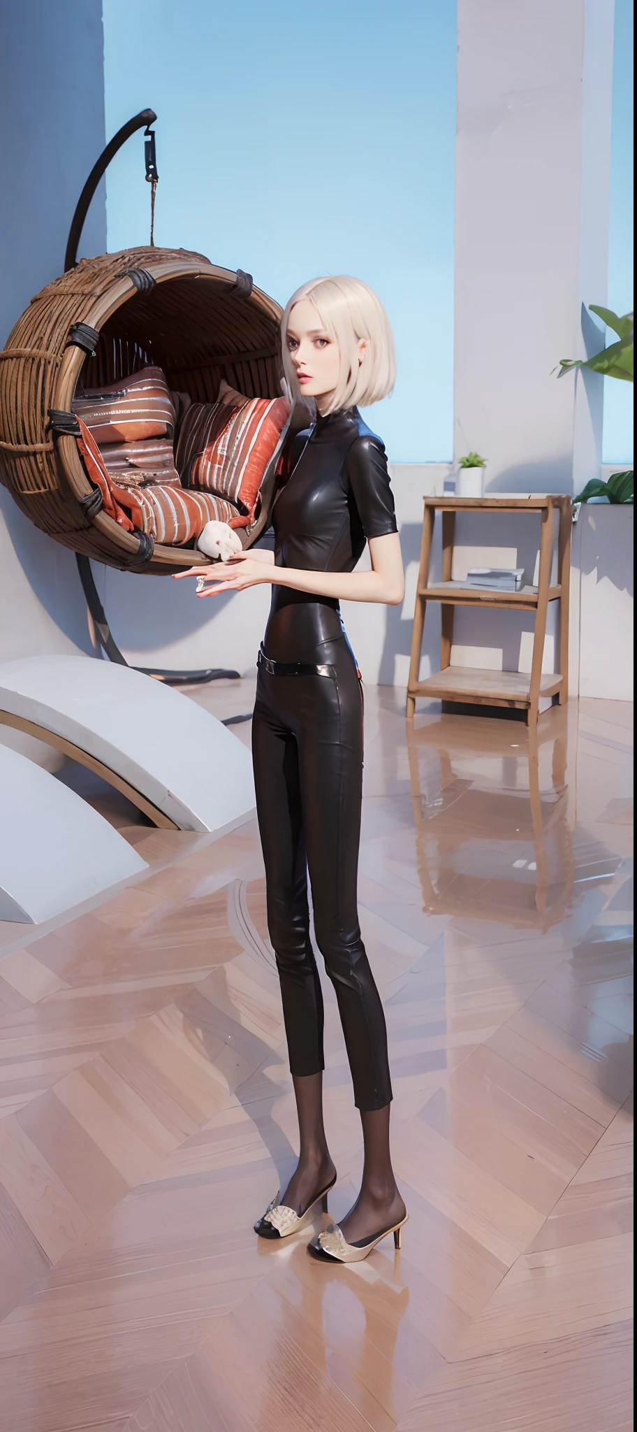 Skinny women，emaciated，the ribs，innominate bone，pelvic bone，sternum，flatchest，Big breasts Thin waist，Thin leg，tightsuit，leather pant，slippers