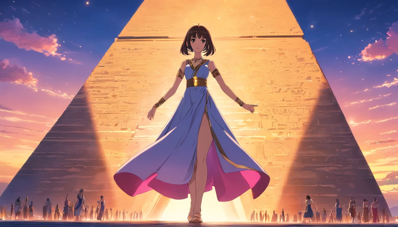 sinister, The stunning Queen Cleopatra is on the far left、Wear a full-length dress size, Staring behind the pyramid, Amber and pink light floating in the sky, A breathtaking masterpiece of true HD photography, Exquisite detail and unparalleled clarity, Shot with 8K resolution and excellent Leica lenses, In a magnificent and awe-inspiring scene.