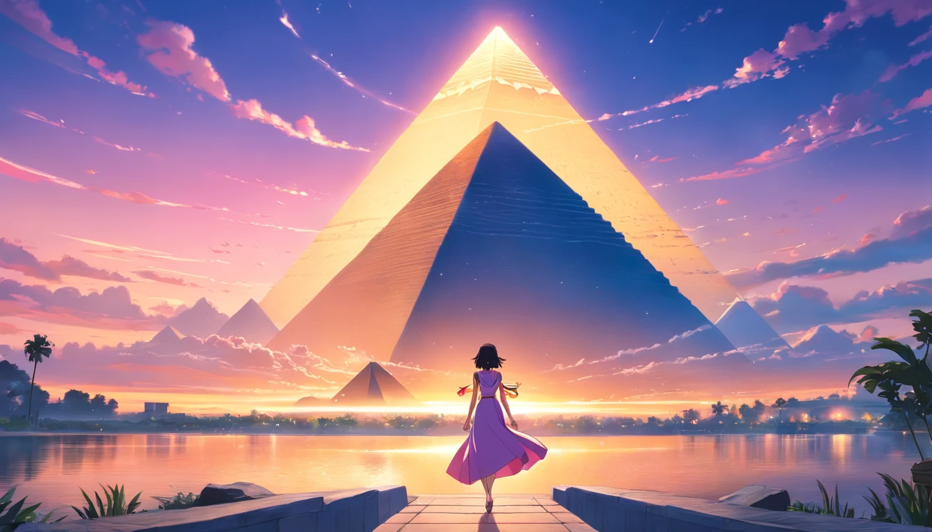 sinister, The stunning Queen Cleopatra is on the far left、Wear a full-length dress size, Staring behind the pyramid, Amber and pink light floating in the sky, A breathtaking masterpiece of true HD photography, Exquisite detail and unparalleled clarity, Shot with 8K resolution and excellent Leica lenses, In a magnificent and awe-inspiring scene.