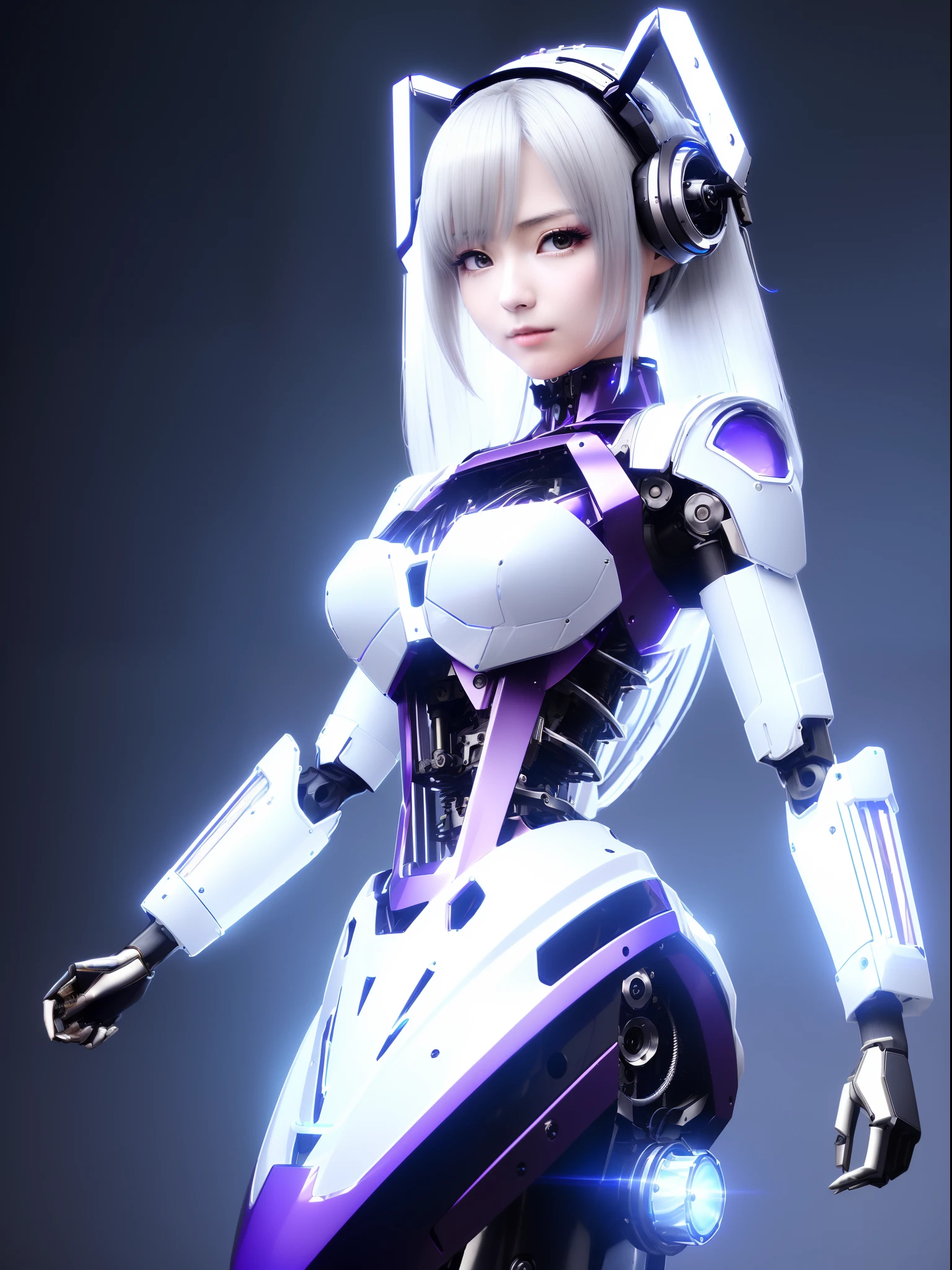 ((masutepiece)), ((top-quality), high quarity、ultra-definition, Realistic, fulcolor 、Robot woman dressed in one beautiful maid outfit、(Joints of machines)、Frame of the machine、Thick wire joints、(White porcelain mechanical armor)、((Curvaceous face))、deadpan、((Electronic substrate))、Purple straight hair、Wide Shot、Cylinder neck、Headgear of the machine