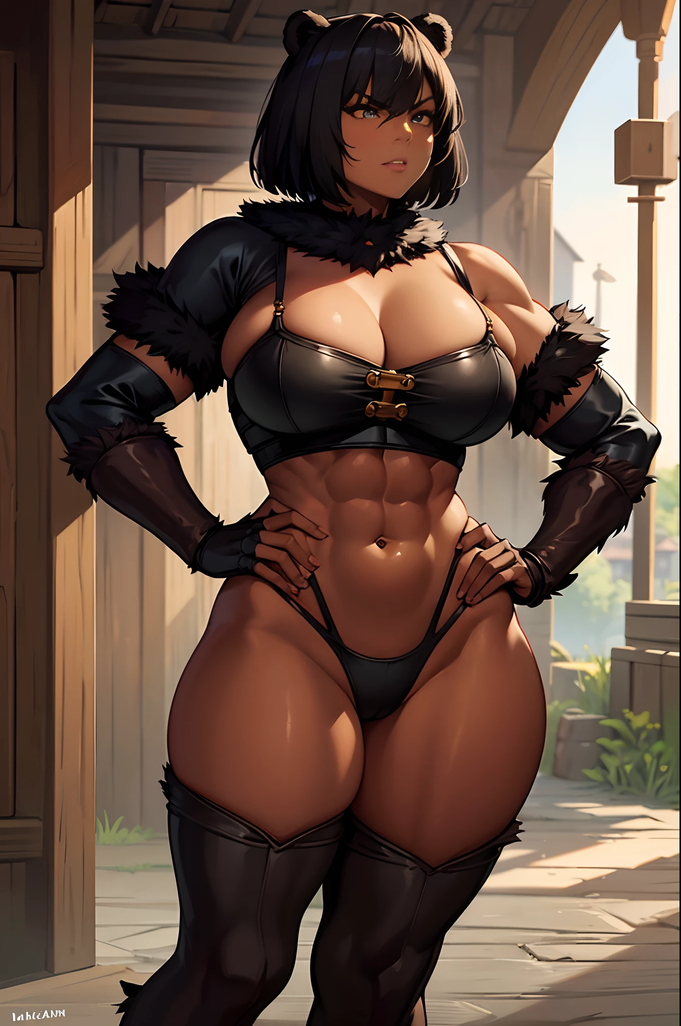 bear woman, bear claws, bear paws and bear feet, barbaric clothes, angry, short hair, dark skin, brown skin, hand on hip, thick thighs, muscular, abs, big breasts, solo, one girl, in tavern, fur armor, in medieval town, standing beside building, giant sword on back