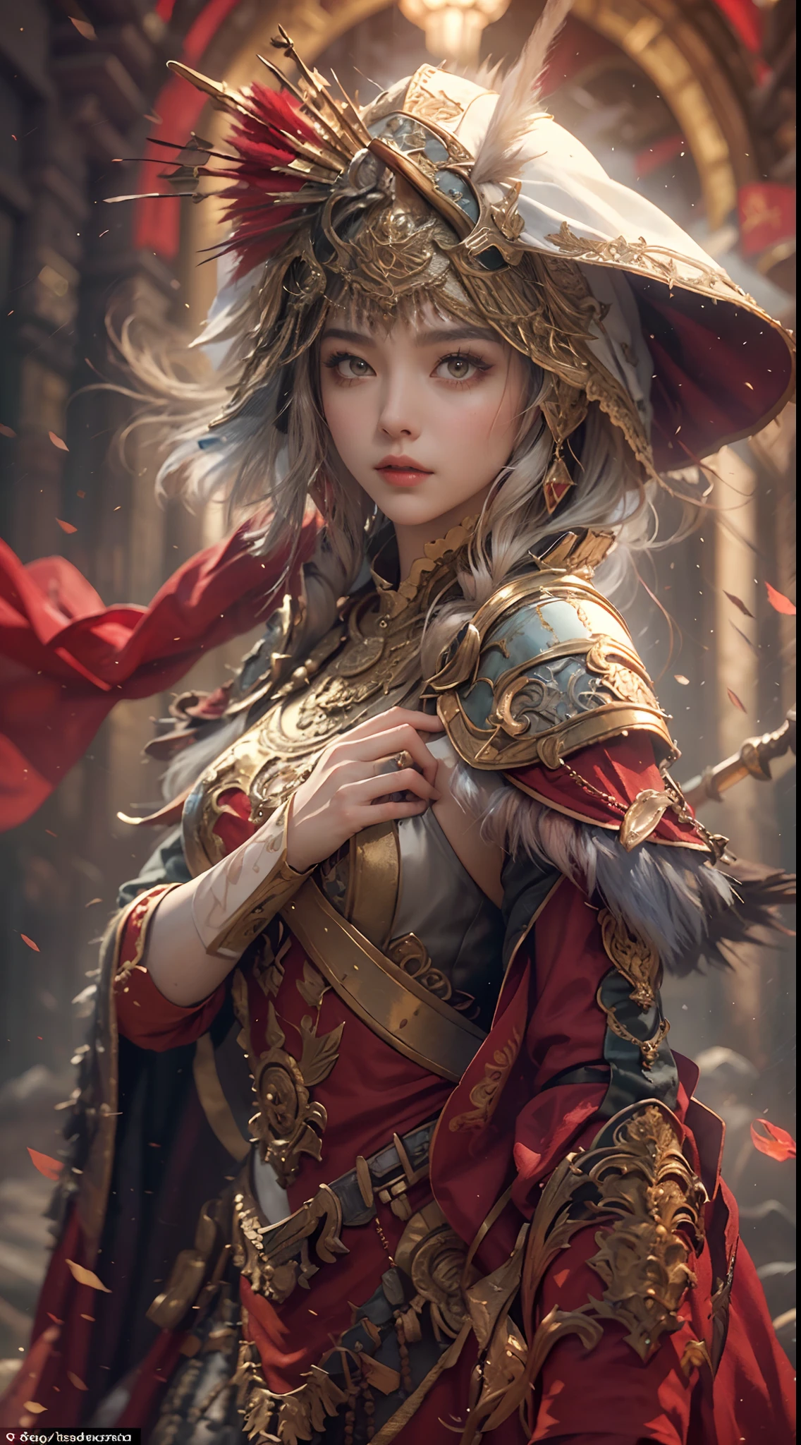 ((Masterpiece))), ((Best Quality))), ((Ultra Detailed)), (Surreal), (Highly Detailed CG Illustration), Cinematic Light, Realistic, Very Beautiful Young Lady,Sexy, Light Makeup,, Intricate Details EABA, Red Cloak, Spear