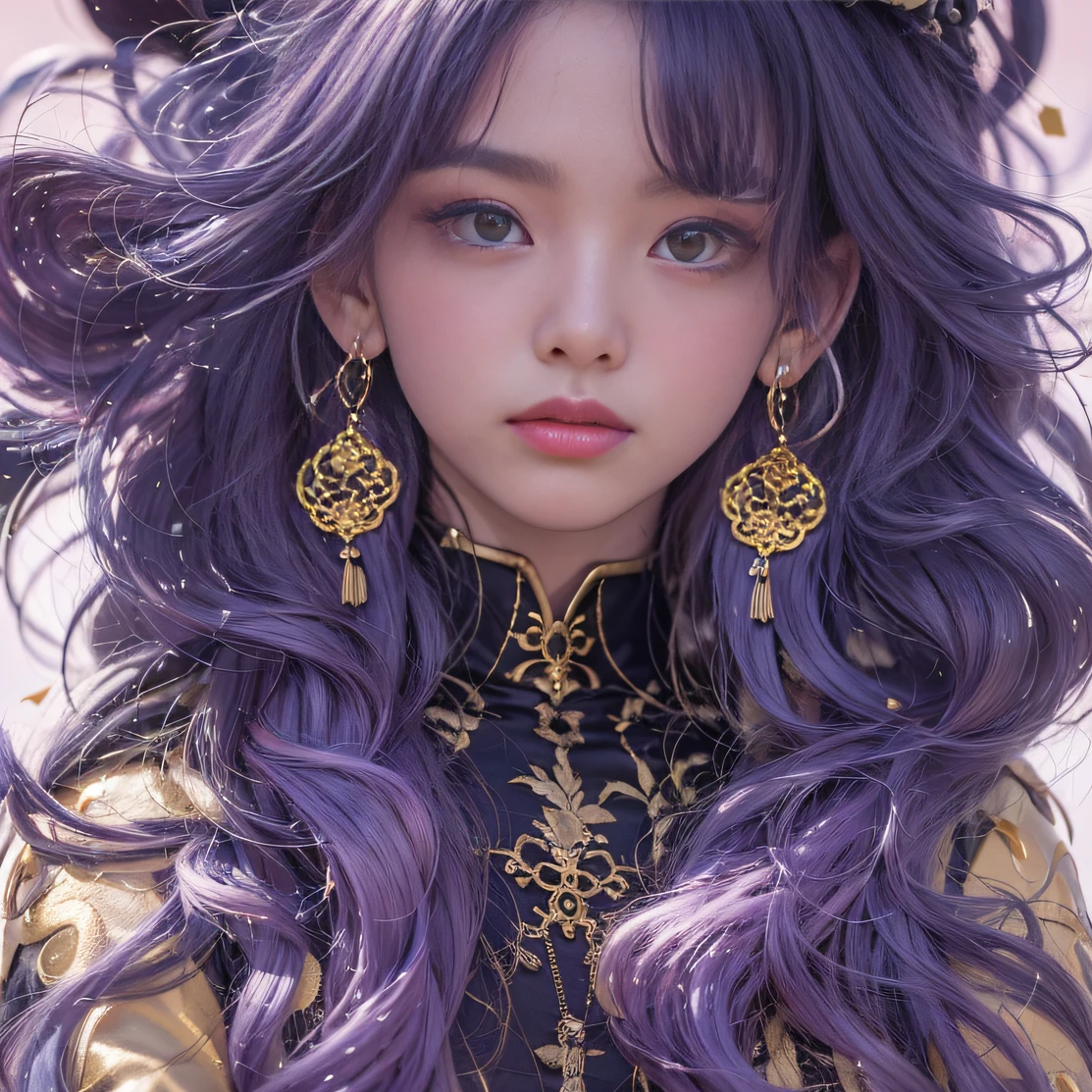 Genki Girl 32K（tmasterpiece，k hd，hyper HD，32K）Long flowing bright purple hair，Autumn Pond，zydink， a color， Asian people （Genki girl）， （Silk scarf）， Combat posture， looking at the ground， long whitr hair， Floating bright purple， Fire cloud pattern gold tiara， Chinese long-sleeved gold silk garment， （Abstract metaverse splash：1.2）， white backgrounid，Lotus vitality protector（realisticlying：1.4），Bright purple hair，Smoke on the road，The background is pure， A high resolution， the detail， RAW photogr， Sharp Re， Nikon D850 Film Stock Photo by Jefferies Lee 4 Kodak Portra 400 Camera F1.6 shots, Rich colors, ultra-realistic vivid textures, Dramatic lighting, Unreal Engine Art Station Trend, cinestir 800，A girl with long flowing bright purple hair