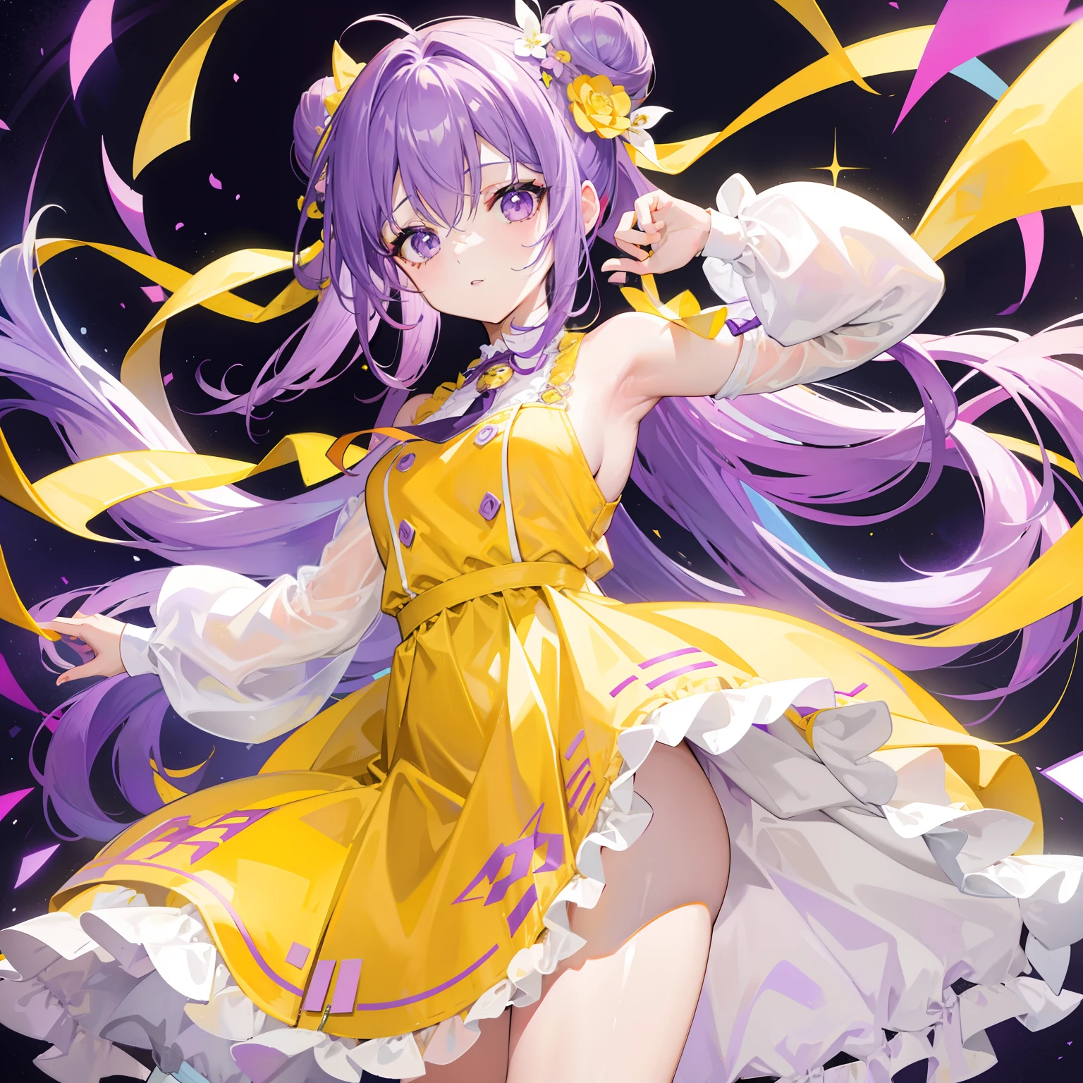 Long purple and yellow bangs,Tie a bun,Purple simple dress, Yellow and white accessories,Cute and lively beautiful girl,The charm was very tempting