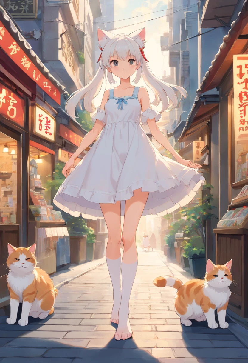 Stand barefoot,Masterpiece,long whitr hair,Extremely tall girls,A giantess,In the city,Full limbs,The face is delicate,White double ponytail,White eyes,White ta,Long-range shots,white stockings,There are cat ears on the head, white dresses, cute big breasts,Chopstick legs,Slender calves,Slender calves,High volume,white legwear