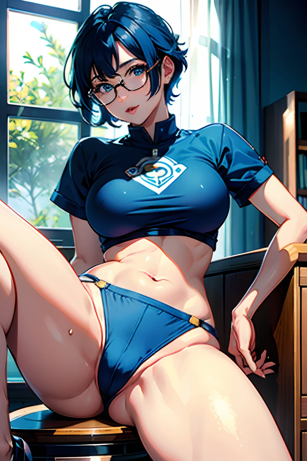 (the Extremely Detailed CG Unity 8K Wallpapers)、top-quality、独奏、1girl in、beatiful detailed eyes、Bright pupils、(extremely delicate and beautiful)、(Beautiful and detailed eyes description)、ultra-detailliert、masterpiece、))、Colossal tits、atlibrary、Put your hands on your buttocks、Photorealsitic、Sailor Mercury、lightblue hair、Big buttocks、student clothes、eye glasses、Buruma、short-cut、lascivious、put out the tongue、Spread your legs apart