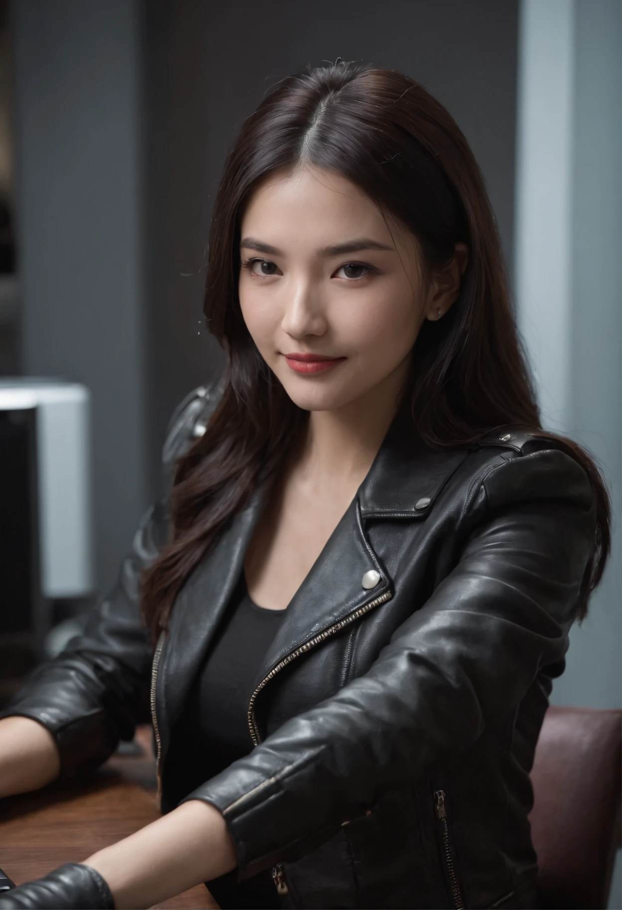 Wearing black leather gloves in both hands, upper body, black leather rider's jacket, facing the desk in the modern study in the dark, looking down, smiling, long, straight black hair, young Japanese woman (black leather gloves covering both hands) Sitting on a chair with the fingers of black leather gloves, working on the computer