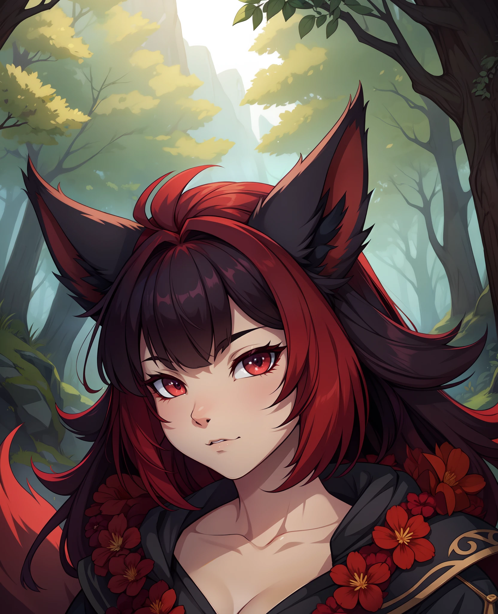 araffe with red hair and a furry tail in the woods, very very beautiful furry art, dramatic cinematic detailed fur, furry art, furry fantasy art, loish and wlop, anthro art, furry wolf, pov furry art, furry art!!!, kemono, 🌺 cgsociety, furry mawshot art, loish |, zorua pokemon, detailed fanart,