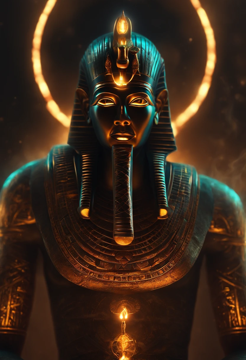 Egypt God, glowing light eyes, Biomechanical, eerie, Creepy, nightmarish, Very bright colors, Light particles, with light glowing, Mshiff, wallpaper art,full body details,Armer full body, smoke ,UHD wallpaper