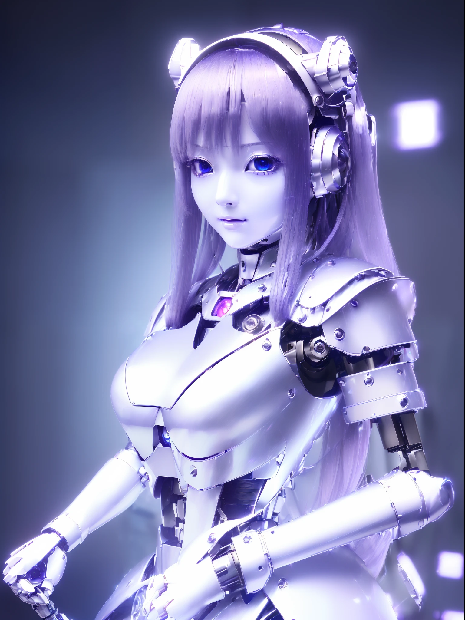 ((masutepiece)), ((top-quality), high quarity、ultra-definition, Realistic,  fulcolor 、Robot woman in one beautiful maid outfit、(Joints of machines)、(White porcelain mechanical armor)、((Curvaceous face))、deadpan、(Electronic substrate)、Purple straight hair、Wide Shot、Cylinder neck、Headgear of the machine