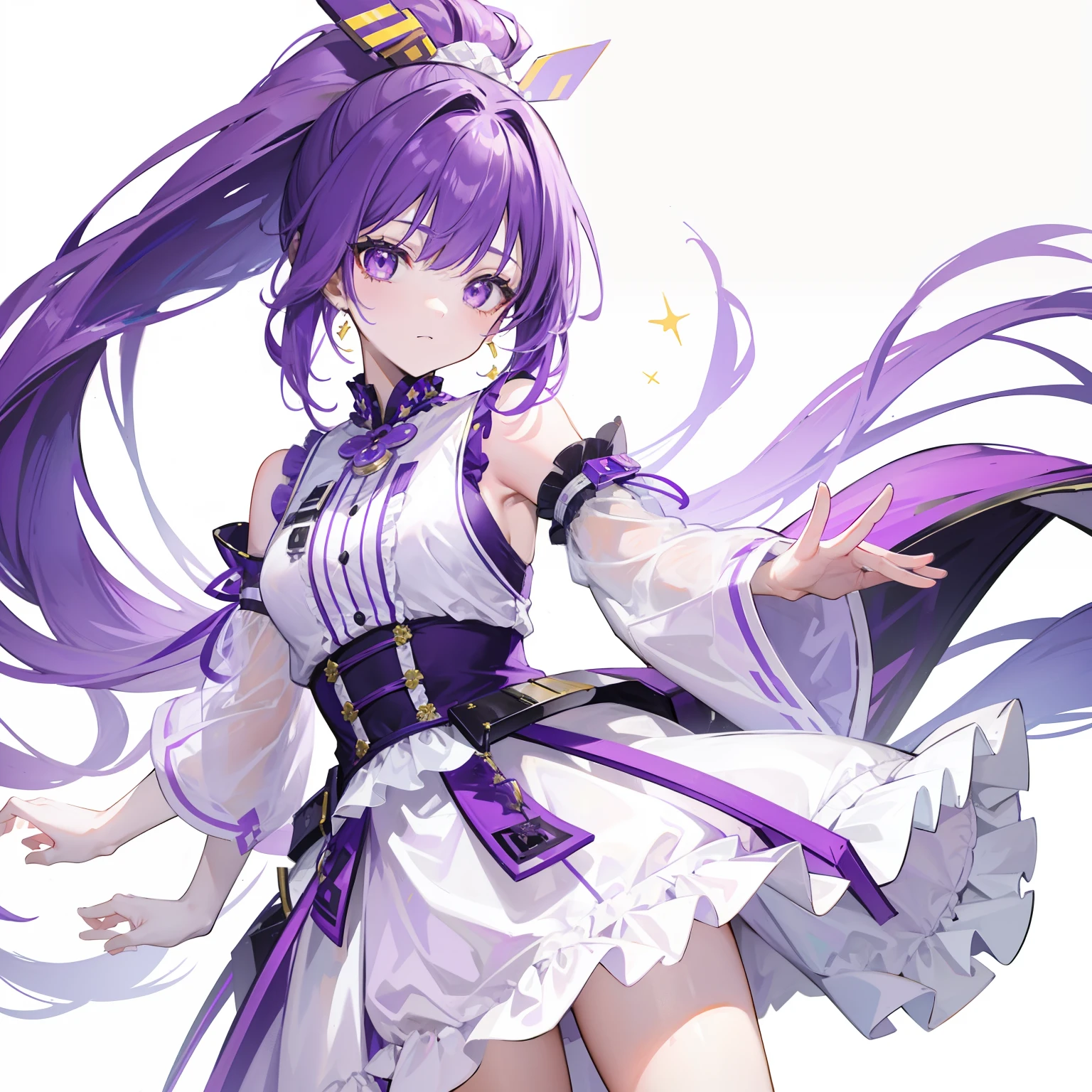 Long purple bangs,Energetic high ponytail hair,A simple dress with purple, yellow and white accessories,A cute and lively beautiful girl with a very attractive charm