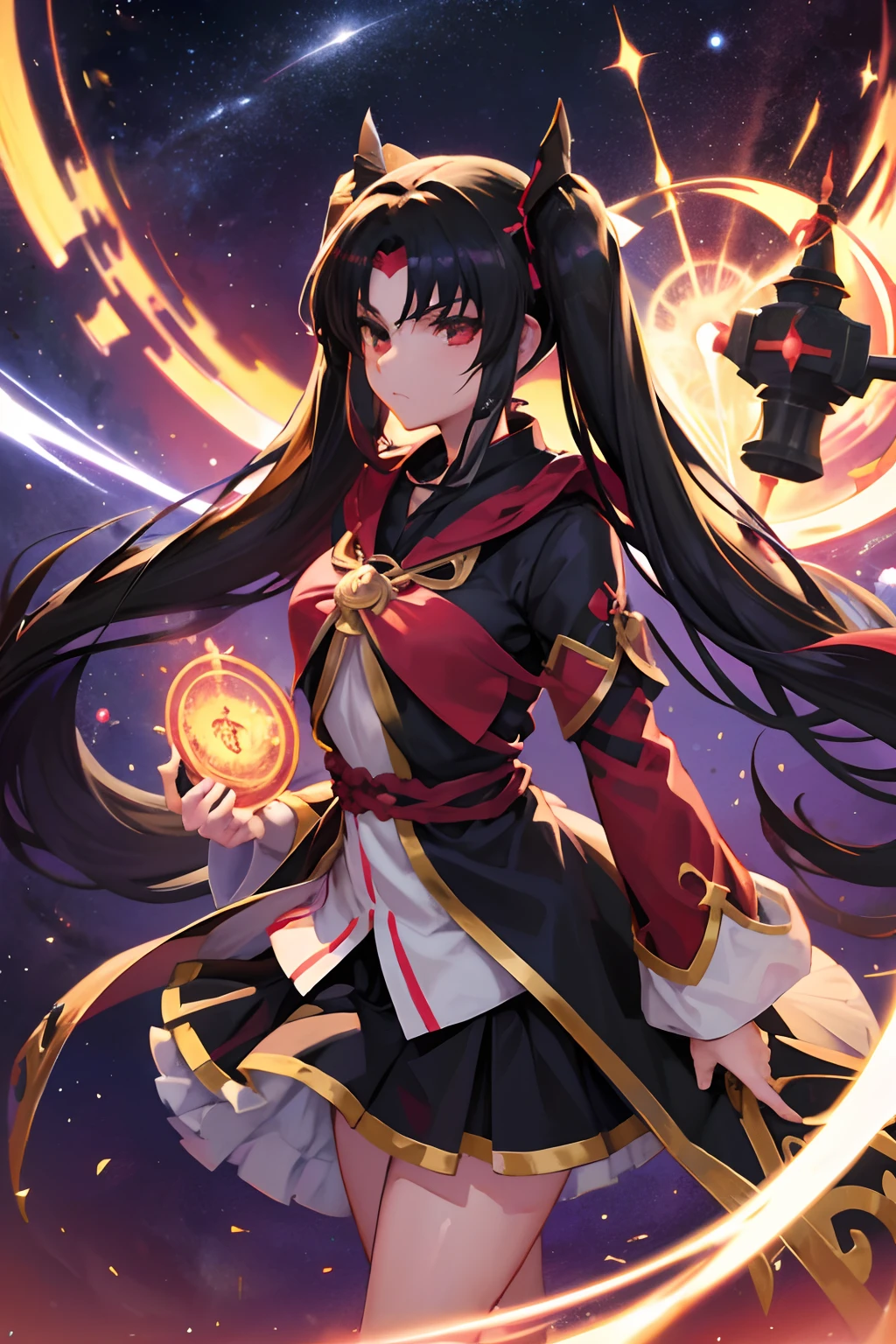 animesque, Twintails with black hair, femele, FGO, Ishtar, Rin Tohsaka, Fate/Grand Order, goddes, shrine maiden, the background is the universe