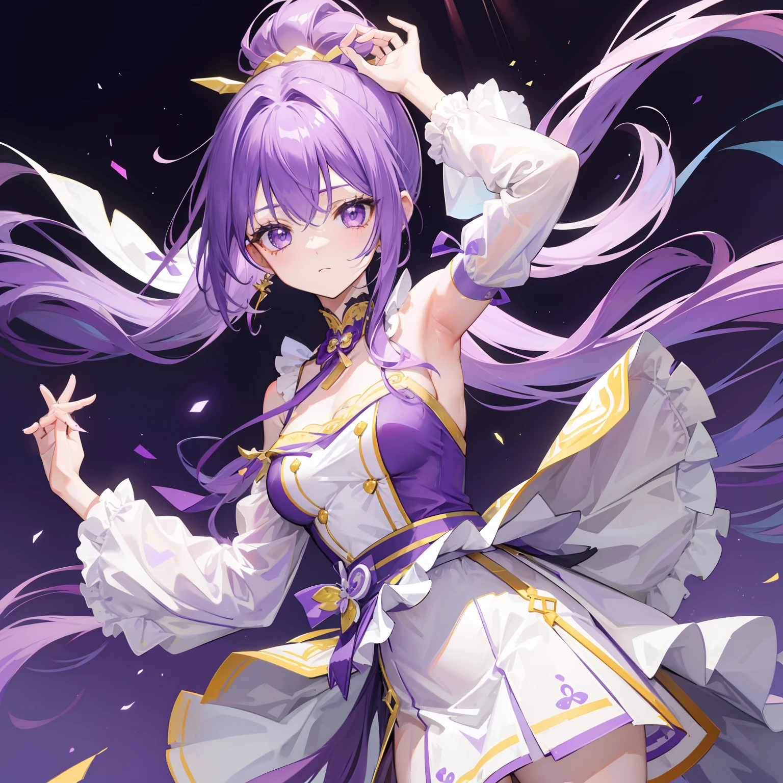 Long purple bangs，Energetic high ponytail hair，A simple dress with purple, yellow and white accessories，A cute and lively beautiful girl with a very attractive charm