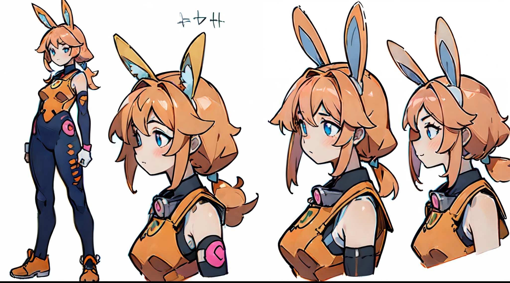 ((Best Quality)), ((Masterpiece)), ((Realistic anime)) ((Best Quality)), ((Masterpiece)), ((Realistic)) 1woman, cute face, adult mature female (spiky hair,) ((orange-pink mullet 1.1)), (mid length hair), blue eyes, (white/yellow pupil,) hero, sleeveless blue swimsuit, long orange-pink (((rabbit ears,))) , relaxed happy face ((slender)) (busty), (((detailed character sheet, frontal view, side view, three quarter view))) (((white background))) 8 and a half heads full body