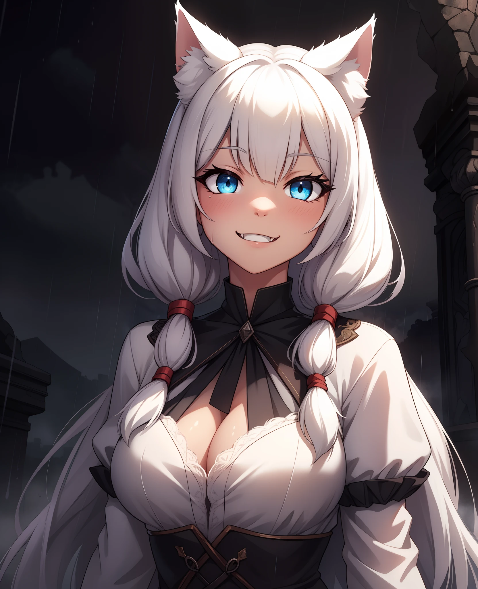 Cat Girl，was hairy，shaggy，Skin fur，White fur，Forelimb hands，hair splayed out，White ears，White face fur，White hair, hair splayed out, Shiny hair，Long hair，Hairline, low twintails，Blue eyes，Super cute face，happy, full-face blush, smiley，Empty eyes， Fangs，daggers，bat hair ornament，White dress，Ambient light，Ultra-fine fur，Volumetric eye, bangs, light and darkcontrast, ultra high def, 巨作, Super detail，Ruins background，crow，Night，starry light，Under the rain，In the rain，Drizzle，Wet with rain，rainy outside，High quality, ultra high def, high resolucion, Anatomically correct