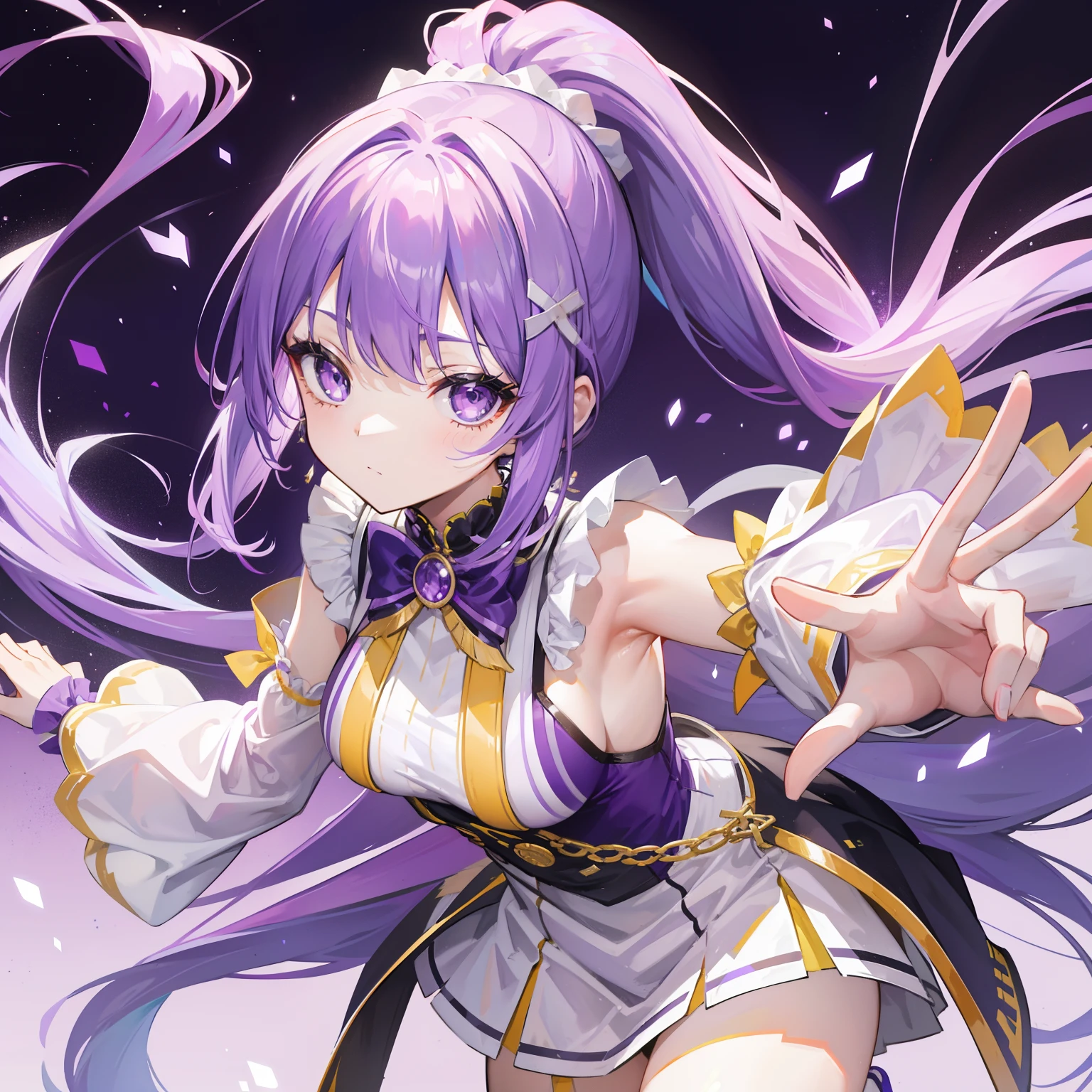Long purple bangs，Energetic high ponytail hair，A simple dress with purple, yellow and white accessories，A cute and lively beautiful girl with a very attractive charm