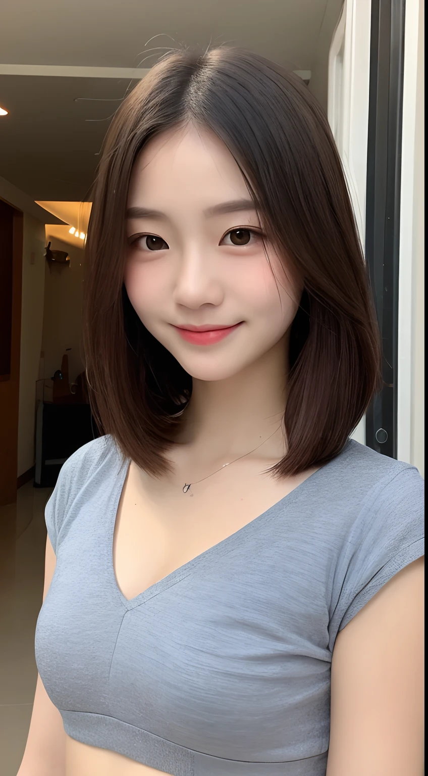 ((Best Quality, 8K, Masterpiece: 1.3)), 1 Girl, Slim Abs Beauty: 1.3, (Hairstyle Casual, Small: 1.2), Super Slender Face, Delicate Eyes, Double Eyelids, Smile, Home, City