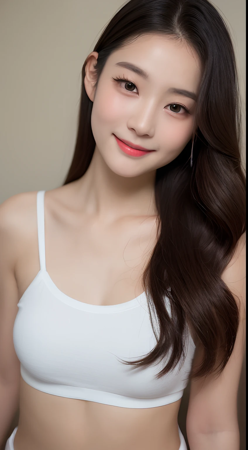 ((masutepiece, of the highest quality, High Definition)), 1 girl, (Photorealistic: 1.4), Solo, White background, with a pure white background, Mouth closed, Happy smile, Happy smile, pretty black hair, (Long whit hair,Shawl Straight Hair: 1.3),Big eyes, clear double eyelids, Eyelashes, Ears out, long neck, long neck, Absolute area, ((Face Close-up)), (Draw all the heads, shoulders), 19 years old, Attractive proportions, Shiny skin, Clean collarbone, Golden Ratio Face, Perfect face, tear moles, Mole on chest, Lip gloss, Pale lips, pale skin, Naked, Big breasts, a small face, a small face, Draw all the heads, Draw all the shoulders, From Side, Gaze staring at the camera