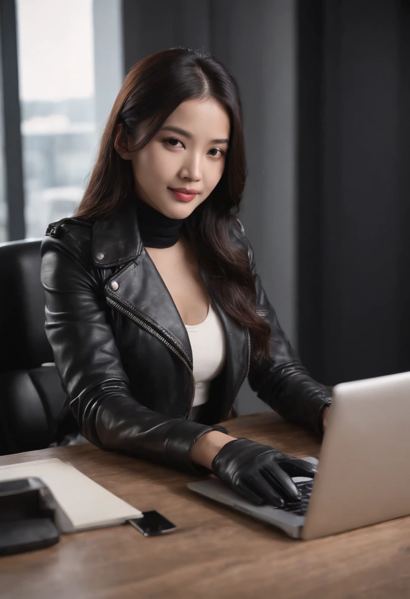 Wearing black leather gloves in both hands, upper body, black leather rider's jacket, facing the desk in the modern study in the dark, looking down, smiling, long, straight black hair, young Japanese woman (black leather gloves covering both hands) Sitting on a chair with the fingers of black leather gloves, working on the computer