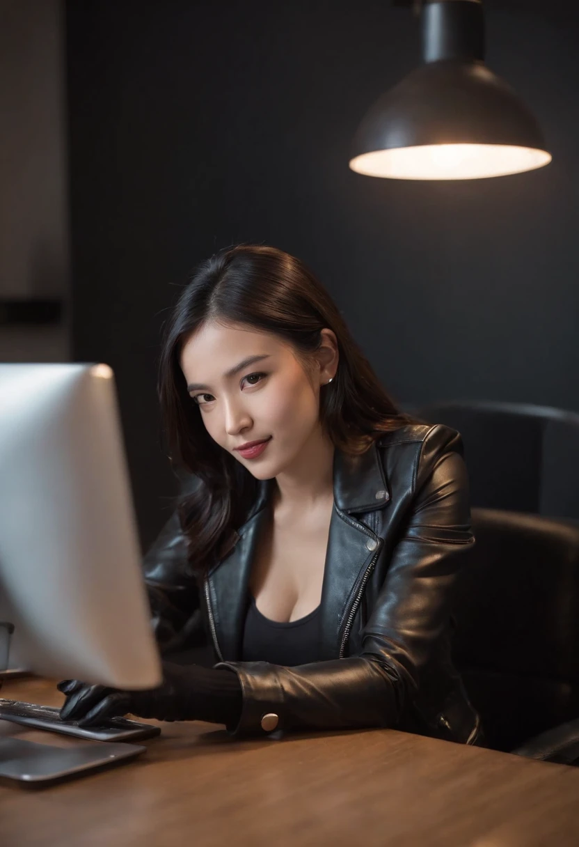 Wearing black leather gloves in both hands, upper body, black leather rider's jacket, facing the desk in the modern study in the dark, looking down, smiling, long, straight black hair, young Japanese woman (black leather gloves covering both hands) Sitting on a chair with the fingers of black leather gloves, working on the computer
