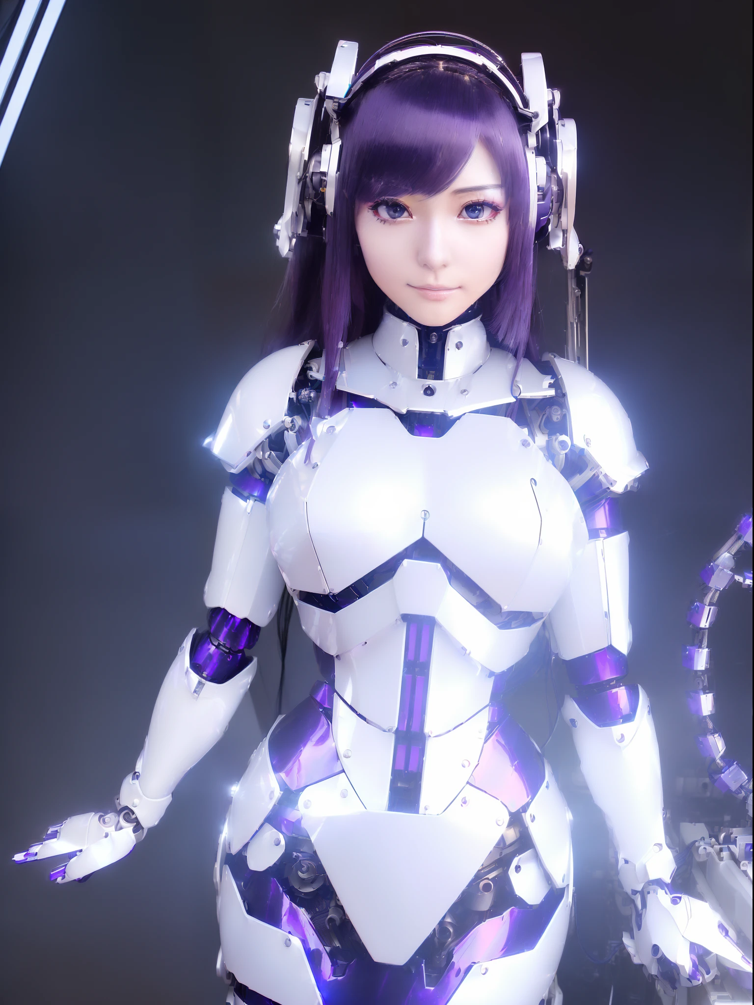 ((masutepiece)), ((top-quality), high quarity、ultra-definition, Realistic,  fulcolor 、One beautiful robot woman、Joints of machines、Frame of the machine、Thick wire joints、White porcelain mechanical armor、(Curvaceous face)、deadpan、Purple straight hair、((Electronic substrate))、Ridiculous engine、facing back