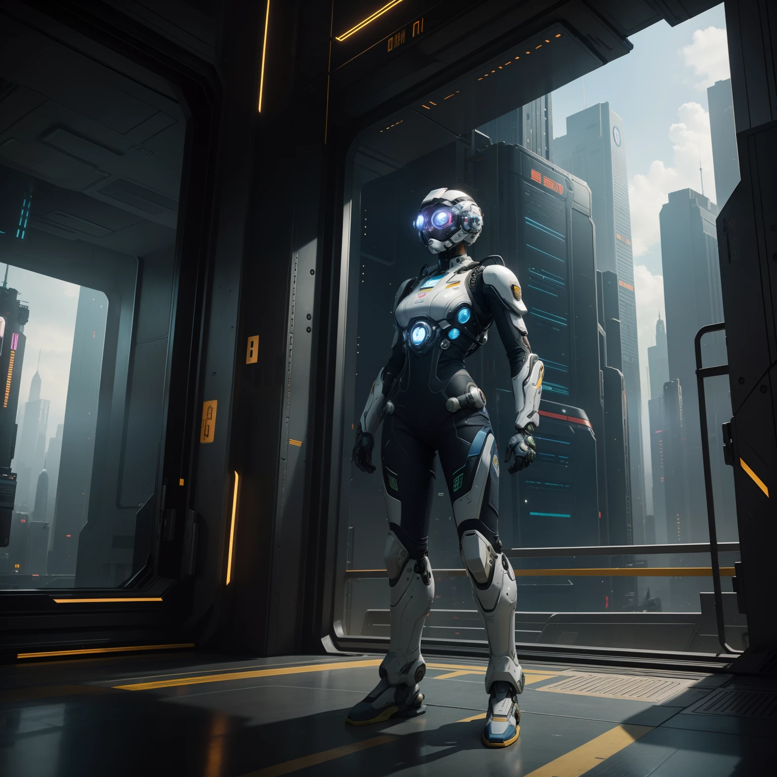 Envision a person in a high-tech exosuit, standing against a backdrop of a sprawling metropolis, ready to embark on a mission.