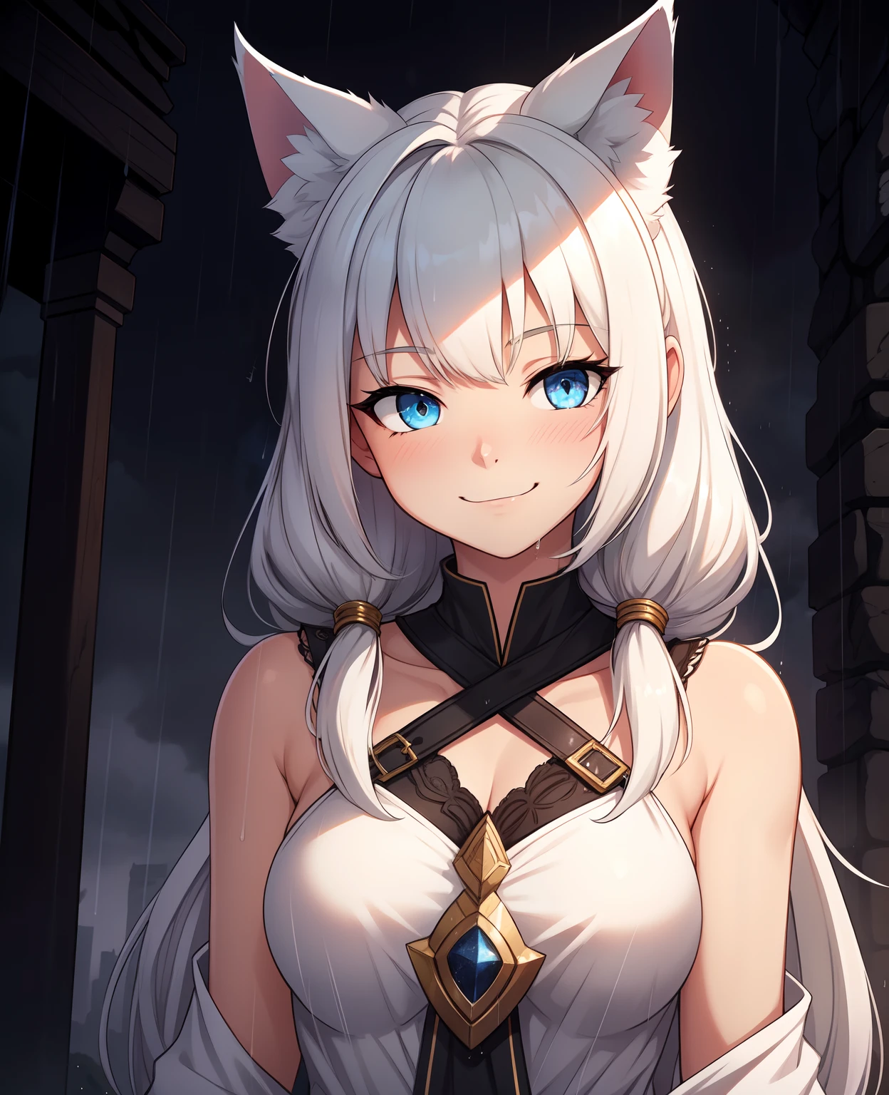 Cat Girl，was hairy，shaggy，Skin fur，White fur，Forelimb hands，hair splayed out，White ears，White face fur，White hair, hair splayed out, Shiny hair，Long hair，Hairline, low twintails，Blue eyes，Super cute face，happy, full-face blush, smiley，Empty eyes， Fangs，daggers，bat hair ornament，White dress，Ambient light，Ultra-fine fur，Volumetric eye, bangs, light and darkcontrast, ultra high def, 巨作, Super detail，Ruins background，crow，Night，starry light，Under the rain，In the rain，Drizzle，Wet with rain，rainy outside，High quality, ultra high def, high resolucion, Anatomically correct