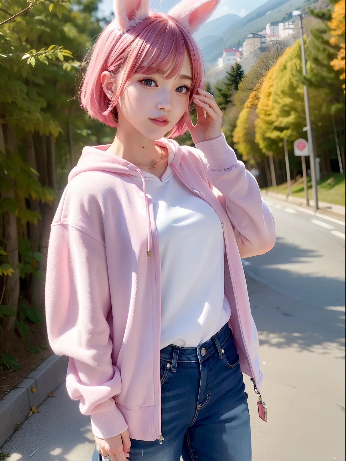 Mountain road with autumn leaves、pink hoodie、Jeans fabric shorts、Pink Shortcut Bob、Realistic rabbit ears、rabbit ears pink hair sticking out of the head,,,,,,、Bewitching atmosphere、Beautiful shaped hands、K-POP、Pink rabbit ears、1 girl in、独奏、masterpiece、top-quality、realisitic、Hyper-detailing、(Glossy skin:1.4)、absurderes、short pink hair、Slender beauties、动态照明、hight resolution、foco nítido、depth of fields、(thick thight:1.0)、A slender :1.2、((Short-cut bob hair))、((k pop:1.3))、Highly detailed facial and skin texture、((魅惑的))、Anatomically correct number of fingers、Correct anatomy、