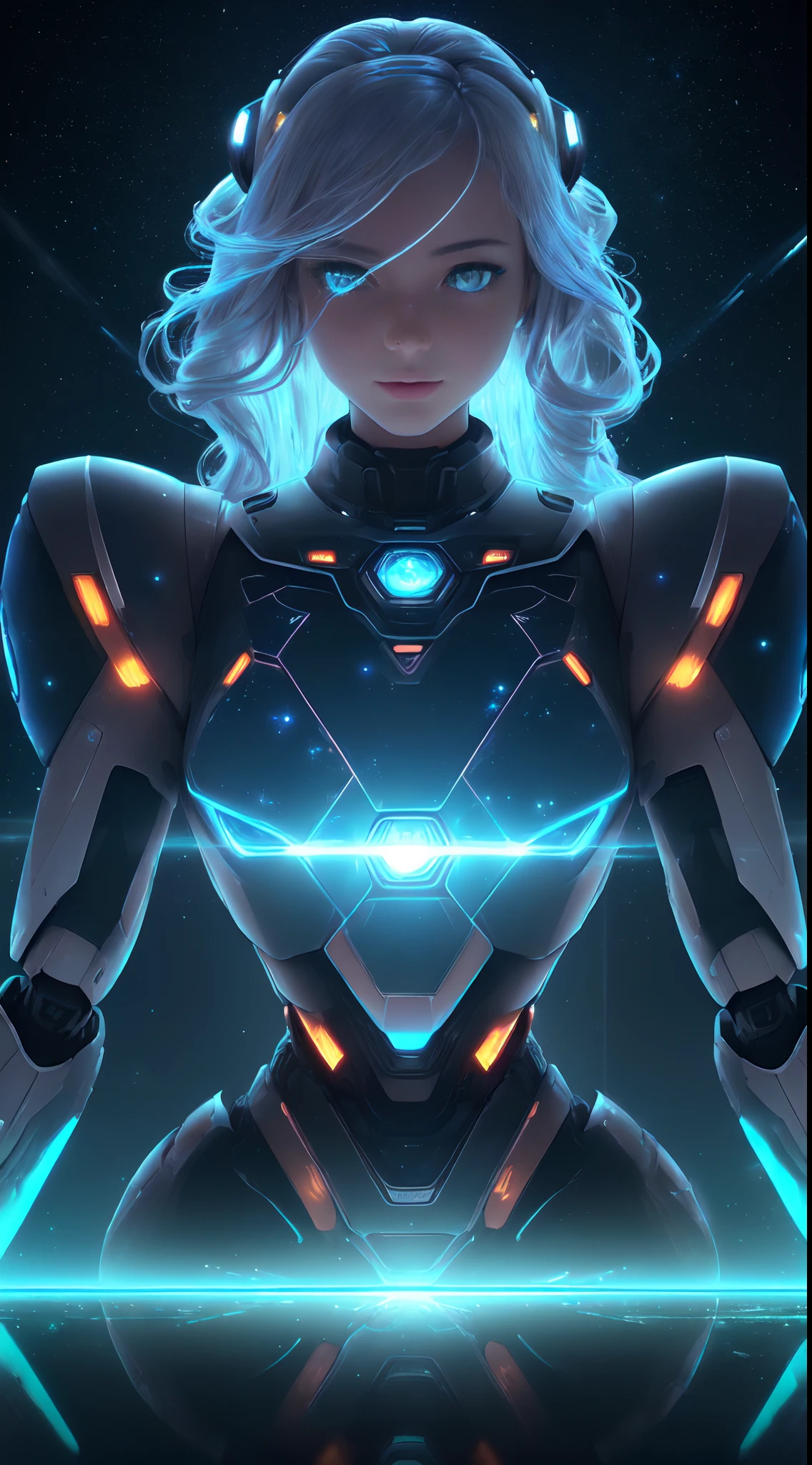 motor irreal:1.4,UHD,La mejor calidad:1.4, fotorrealista:1.4, textura de la piel:1.4, obra maestra:1.8,((Beautiful robot woman Vividly colored digital image of a symmetrical young and ethereally beautiful face with icy blue long hair and eyes reflecting the galaxy., With an elegant futuristic dress that shines with holographic light reflections, De pie frente a un elegante, Glowing portal emitting fog and glowing particles, It's inside a high-tech lab full of screens and shiny equipment.., Rendered in a stunning sci-fi anime art style with cinematic lighting, intricate linework, and a beautiful structure of atmospheric glow effects  )),(robot:1.4),Luz de fondo naranja:1.4,