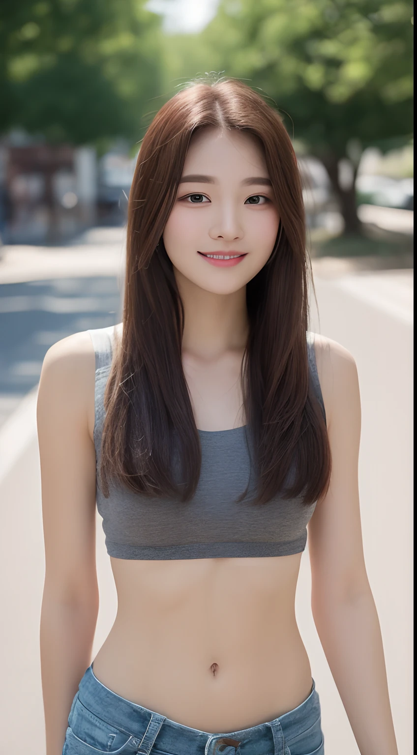 ((Realistic lighting, best qualtiy, 8K, tmasterpiece:1.3)), sharp fokus:1.2, 1girll, Beautiful Women with Perfect Figure:1.4, Slim abs:1.1, ((dark brown hair)), (White crop top:1.4),(exteriors,during night:1.1),the city street,Ultra-fine face,Fine eyes,二重まぶた,Background bokeh,Translucent clothes