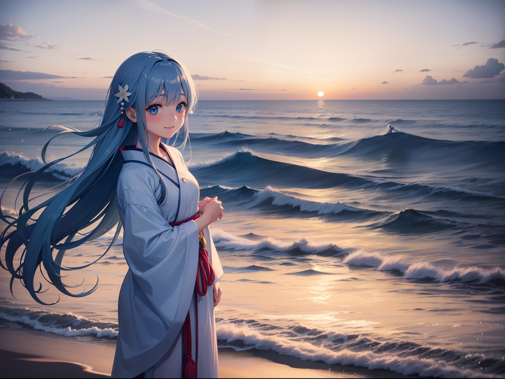Sunset sea in the background、Girl in Japanese clothes standing。Light blue long hair、A charming smile、The most delicate expression、Face Highlights、Cinematic illumination