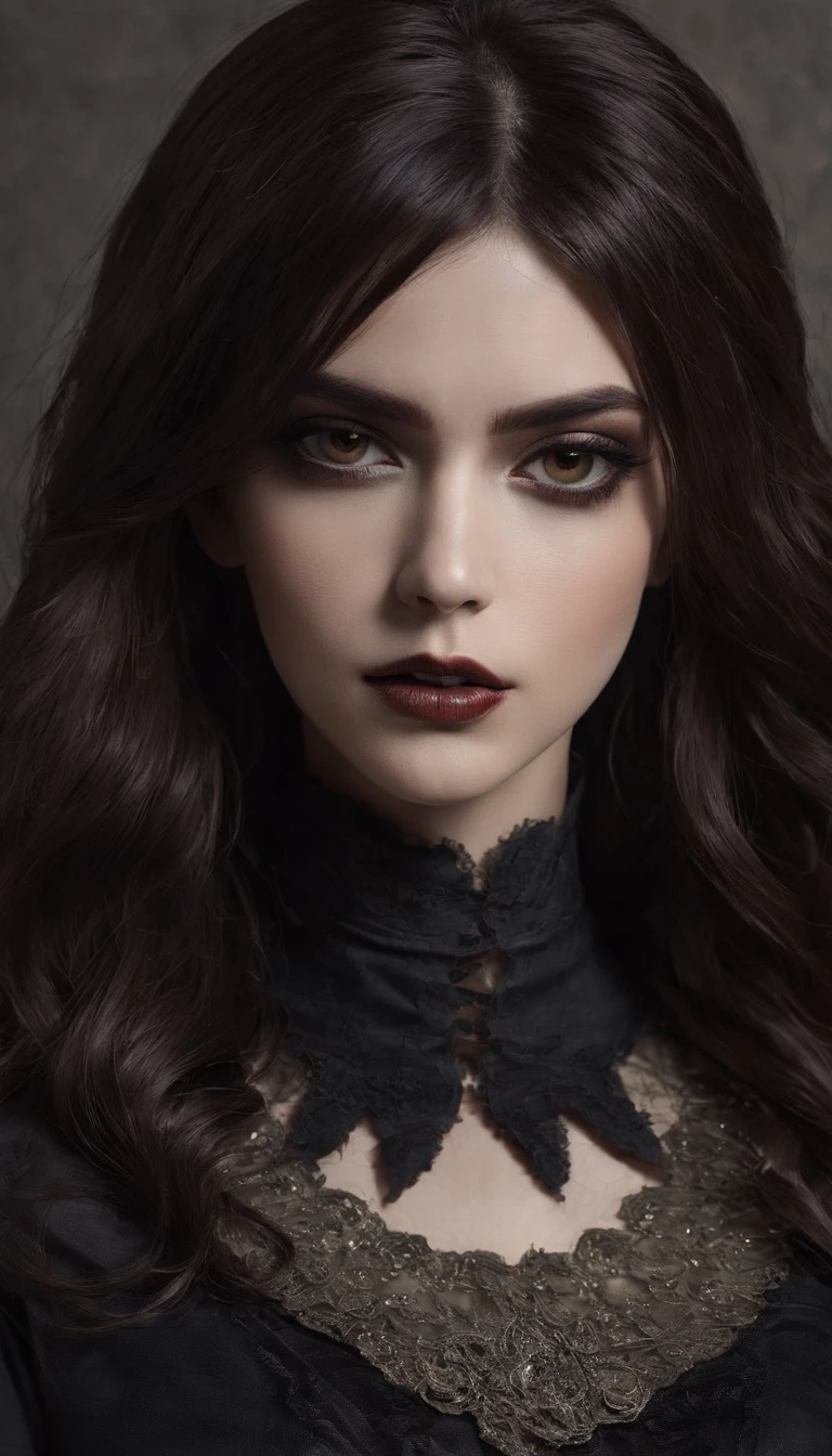 (melhor qualidade,Altas,ultra-detalhado),Dark and mysterious girl with brown eyes and symbolic Gothic clothes,arame farpado cobrindo seu corpo,Cabelo castanho longo escuro,fios cinzentos nas extremidades,Retratos,foco nítido,profissional,Bokeh,dramatic lighting,paleta de cores escura e mal-humorada