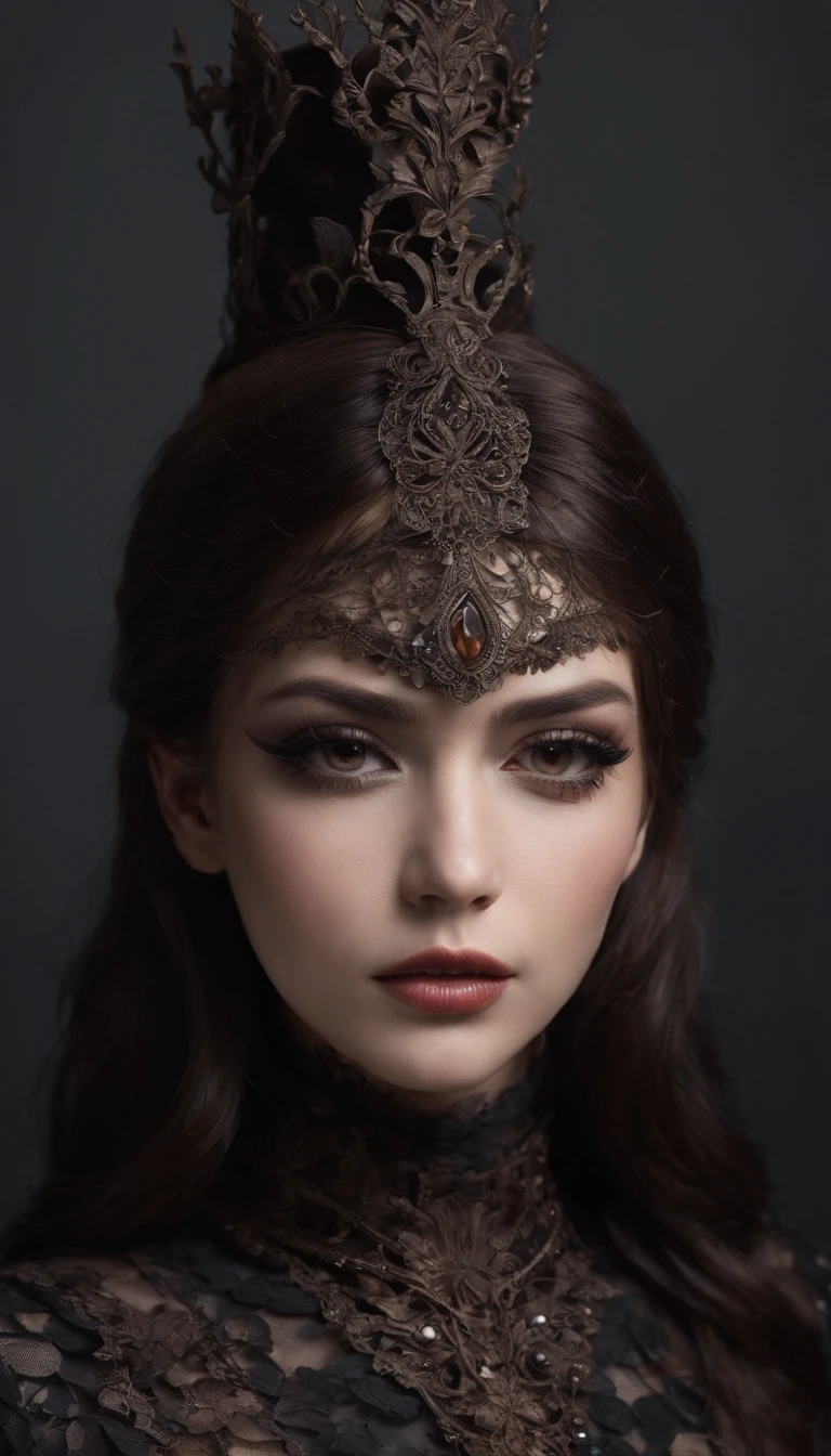 (melhor qualidade,Altas,ultra-detalhado),Dark and mysterious girl with brown eyes and symbolic Gothic clothes,arame farpado cobrindo seu corpo,Cabelo castanho longo escuro,fios cinzentos nas extremidades,Retratos,foco nítido,profissional,Bokeh,dramatic lighting,paleta de cores escura e mal-humorada